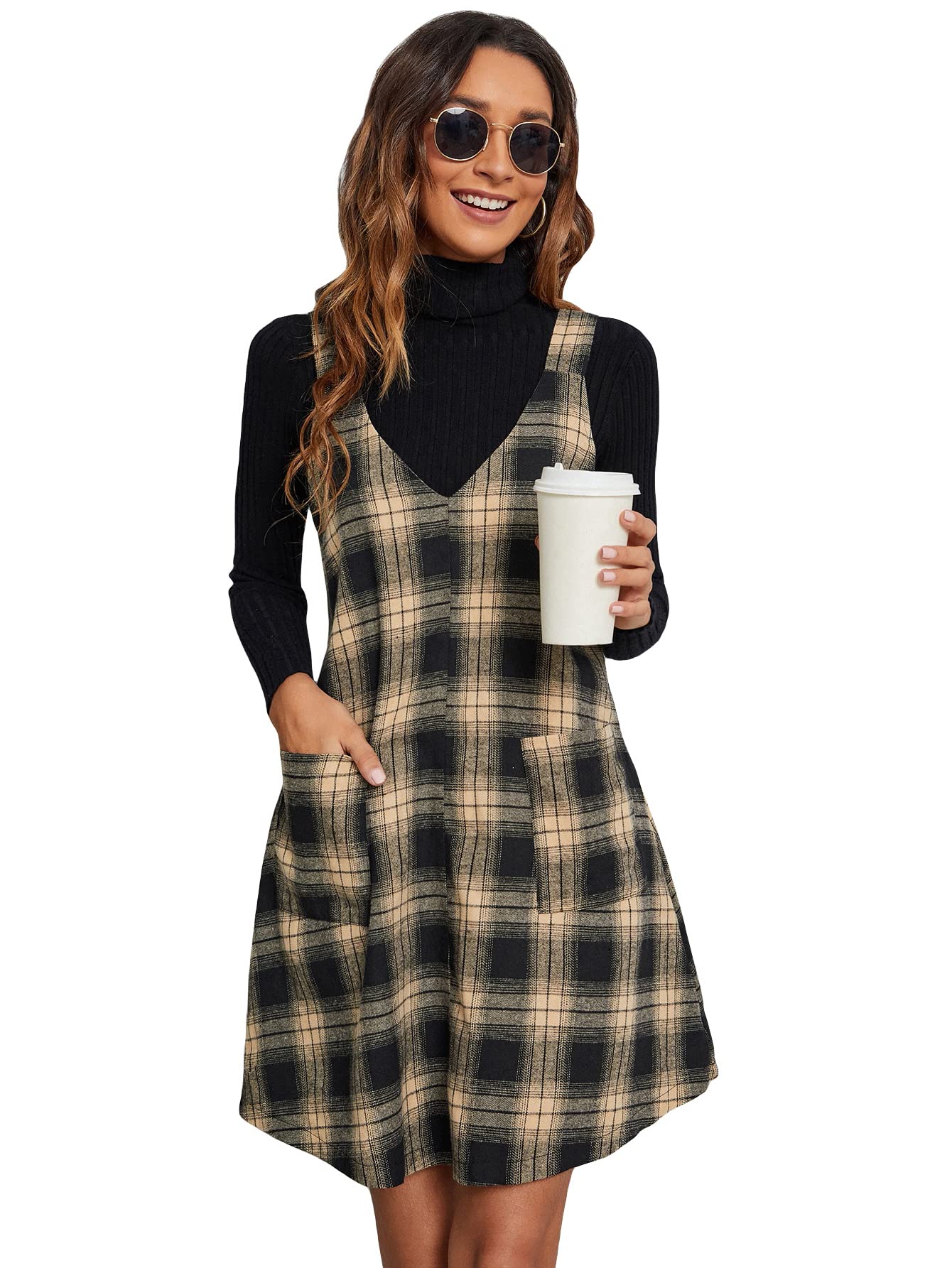 MilumiaWomen's Plaid V Neck Pinafore Overall Short Dress Losse Mini Jumper Dress with Pockets