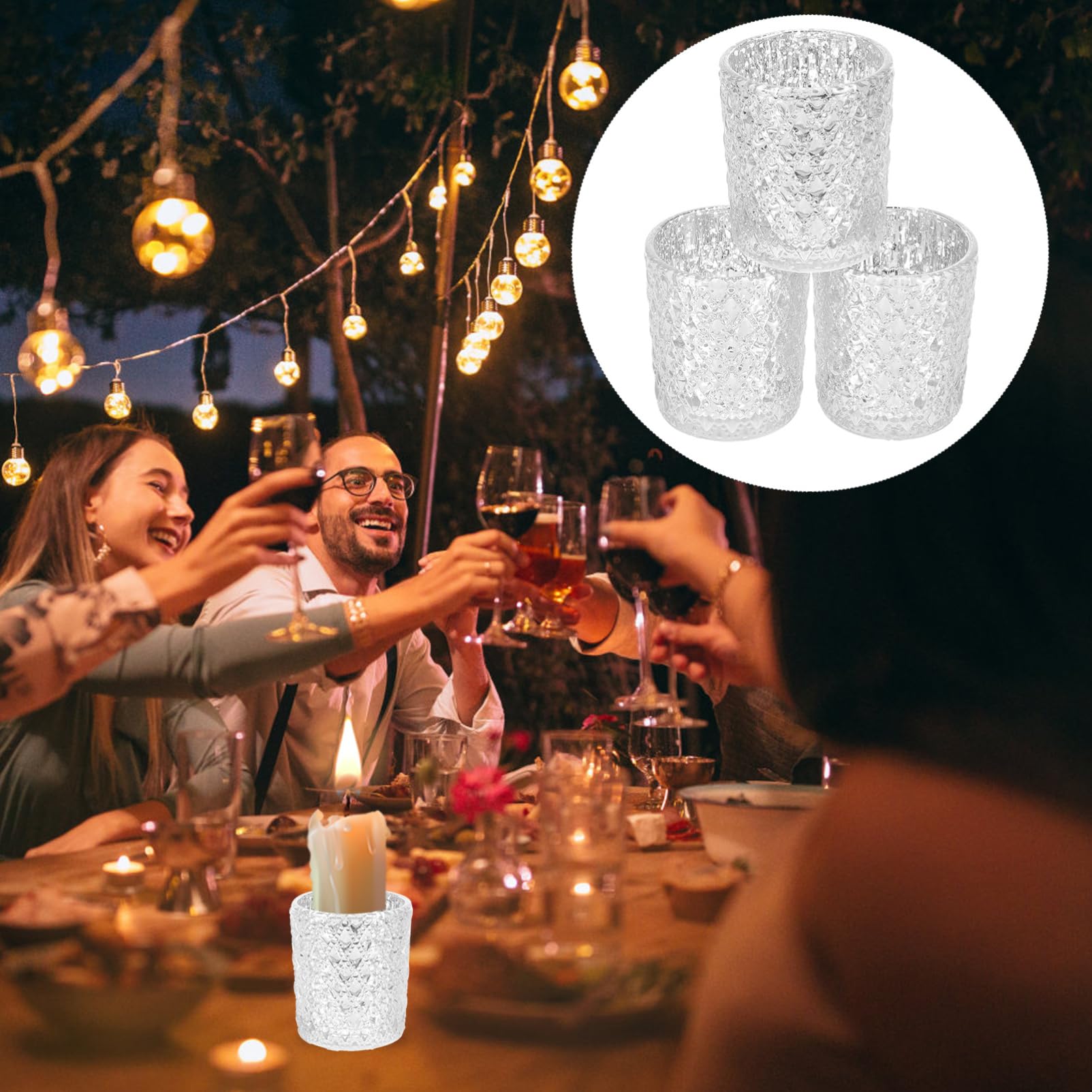 Portavelas de Cristal en Relieve 12 Piezas, Adorno Plateado | Vidrio, Efecto Decorativo y Soporte para Velas, para Hogar y Festivales