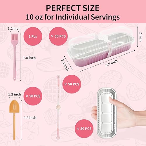 Miniatura 2 de 50 mini moldes de papel de aluminio rosa de 6.8 onzas, moldes desechables para hornear con tapas de plástico, mini moldes para pasteles con tapas,