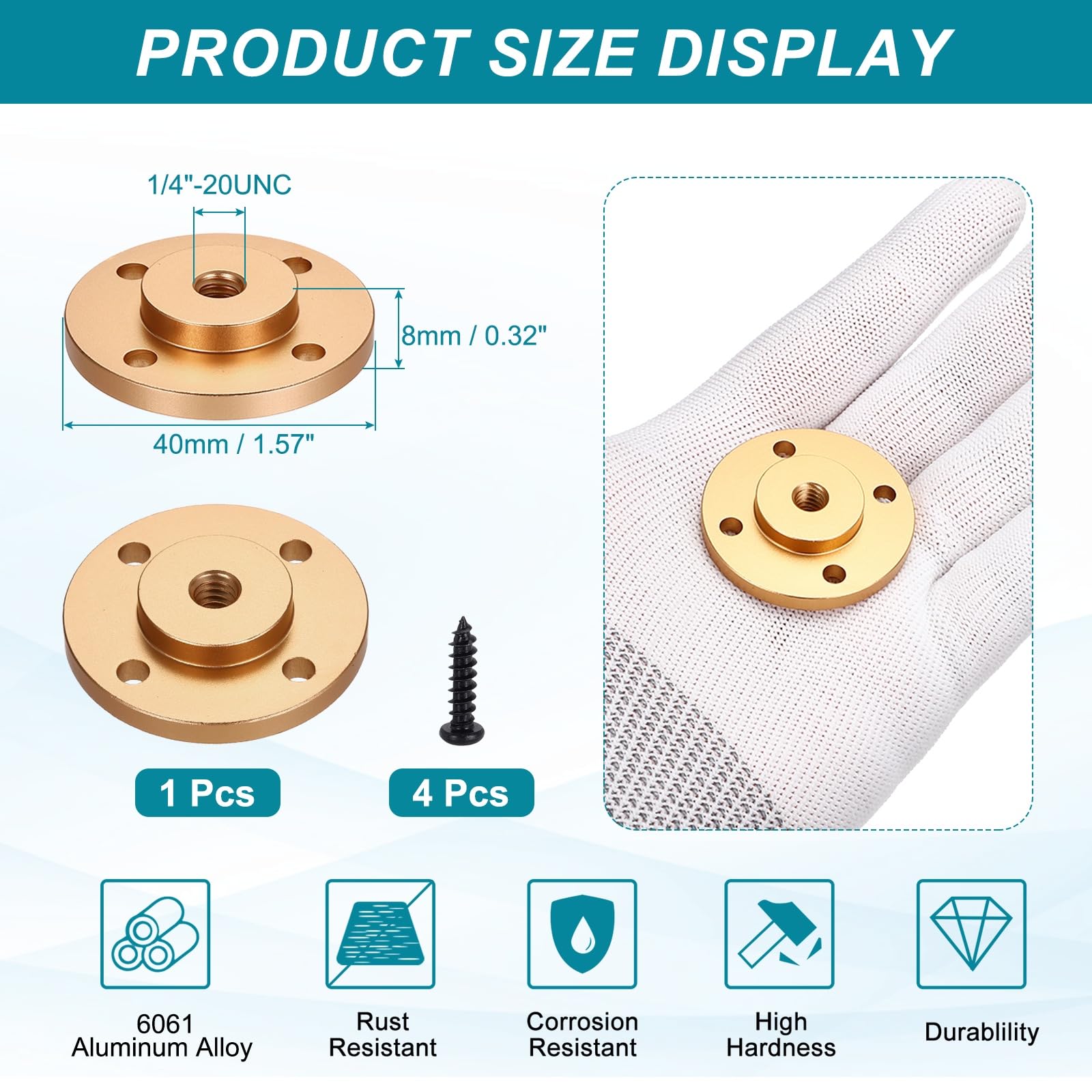 PATIKIL 1/4"-20 UNC Female Thread Microphone Flange Mount Desktop Gooseneck Table Mounts Base with Round Head Screw, Gold - Image 2