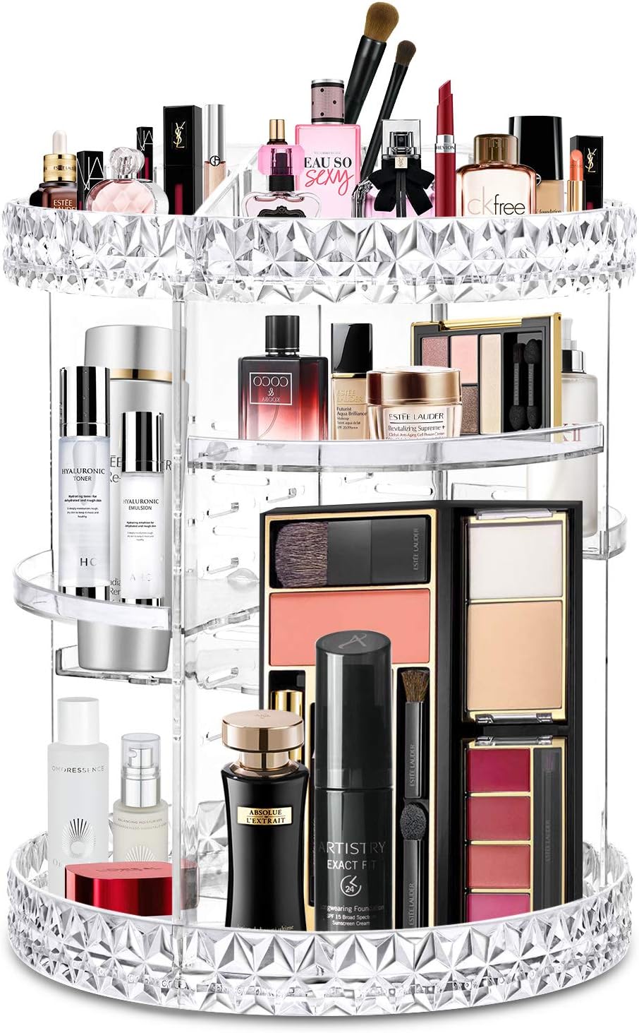 WILLED Acrylic Makeup Organizer 360 Rotating Adjustable Carousel Makeup Holder Cosmetic Storage Display Case, Fits Creams, Makeup Brushes, Lipsticks, Jewelry (Diamond Design)