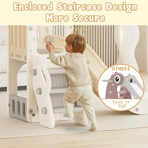 Miniatura 5 de YUFU Tobogán 5 en 1 para niños pequeños, tobogán para niños con escalador, aro de baloncesto y pelota, juego para interiores y exteriores para niños