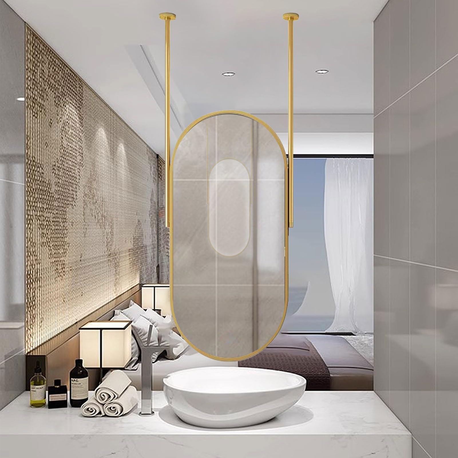 SBCGFY Gold Oval Ceiling Hanging Mirror Wall Mounted Floating Vanity Mirror Decorative Metal Framed Mirror for Bathroom Bedrooms & Living Room Entrance(Onecolor 40cmx60cm)