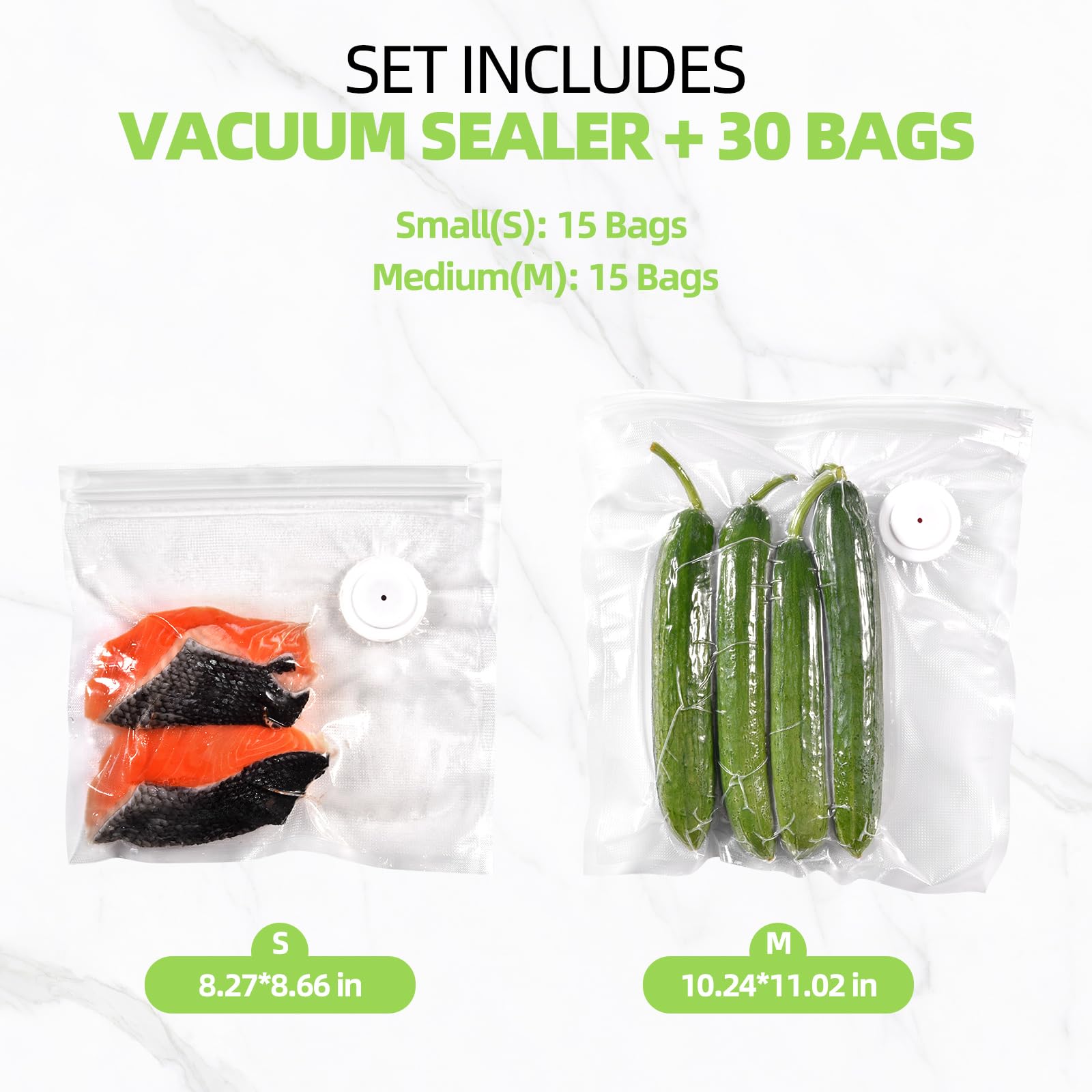 Sellador al vacío para alimentos (máquina selladora al vacío + 30 bolsas de vacío reutilizables) potente máquina selladora al vacío de mano, sella ahorrador de comidas, sellador de alimentos portátil