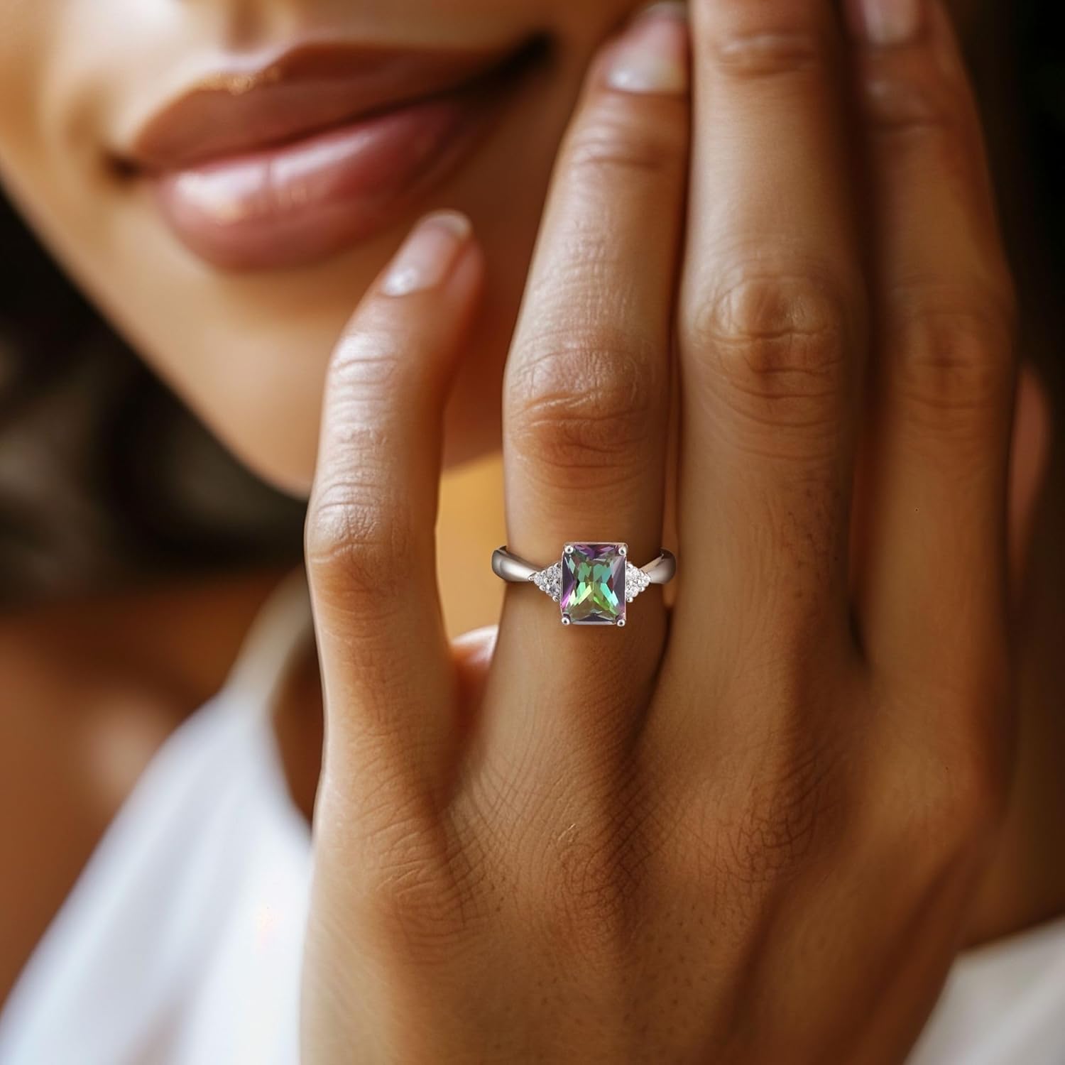 Ariella Engagement Ring for Women by Ginger Lyne | Birthstone Wedding Ring 2.62 Ct Mystic Rainbow Emerald Cut Cubic Zirconia Statement Cocktail Ring for Her | White Gold Plated, Multicolored Gemstone