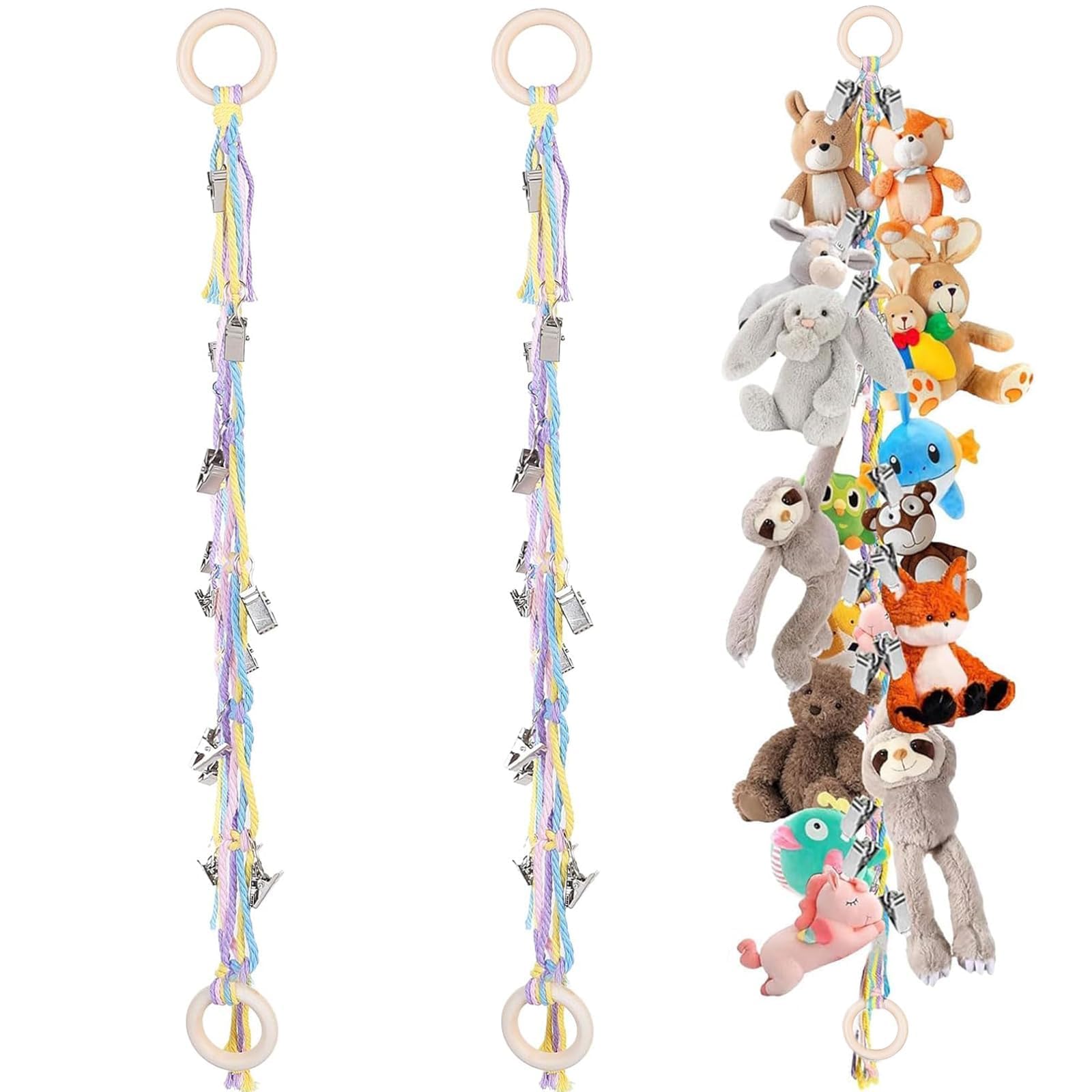 2 Pezzi Appendere Rete Portagiochi, Porta Peluche Verticale Boho, Porta Peluche e 40 Clip, Organizer Giochi Bambini Può Essere Utilizzato per Appendere Coperte Cravatte (Colorato)