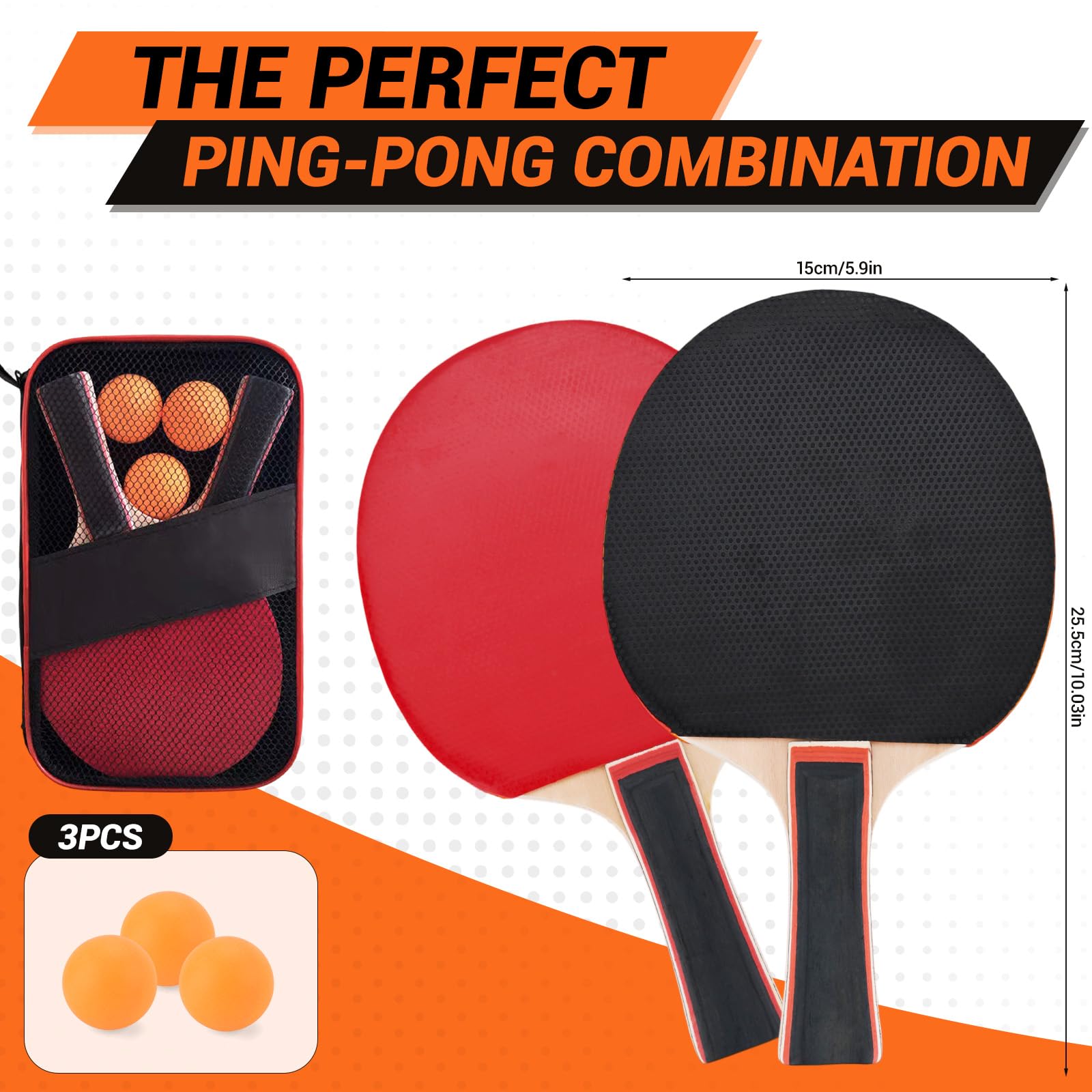 BBWELL Palas Ping Pong Set,Ping Pong Racket Pala Profesional Set,Entrenamiento o Kit de Raqueta recreativa,con 2 Palas 3 Pelotas 1 Bolsa,para Ocio Entrenamiento Interior Exterior — view 2