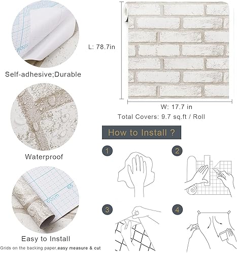 Miniatura 3 de Timeet Papel tapiz de ladrillo para despegar y pegar, papel tapiz autoadhesivo de ladrillo, papel de contacto de ladrillo sintético, papel de pared