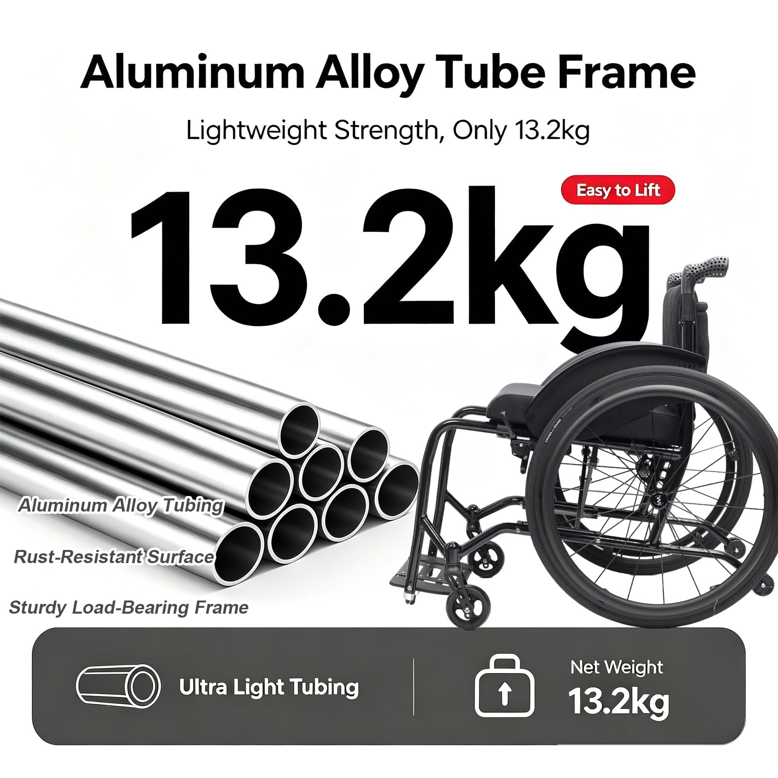 Silla de Ruedas plegable Ligera de aluminio, Autopropulsable | Adultos, Ultraligera, Frenos de acompañante, Plegado Compacto, Reposapiés extraíbles(A,42cm/16.5in Seat)