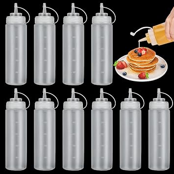 10Pcs Squeeze Bottles, 18oz 500ml Plastic Sauce Bottle Condiment Squeezy Bottles with Nozzles for Ketchup, Salad Sauce, BBQ Sauce