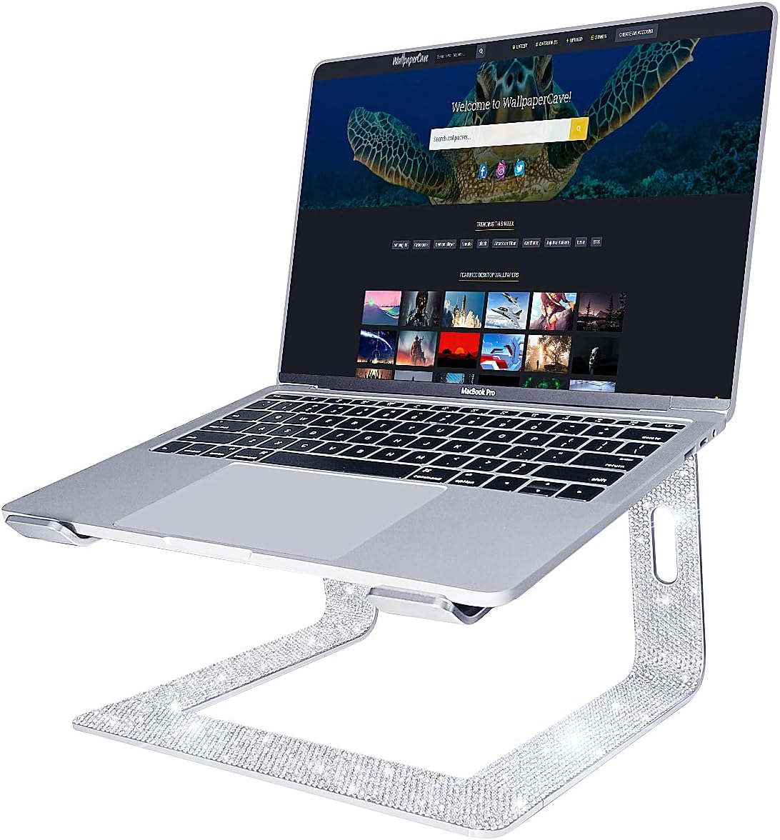 Bling Aluminum Laptop Stand,Glitter Ergonomicic Computer Stand for Desk with Sparkle Rhinestones,Detachable Notebook Riser Compatible with Air, Pro, Dell, HP, 10-15.6" Laptops (Silver)