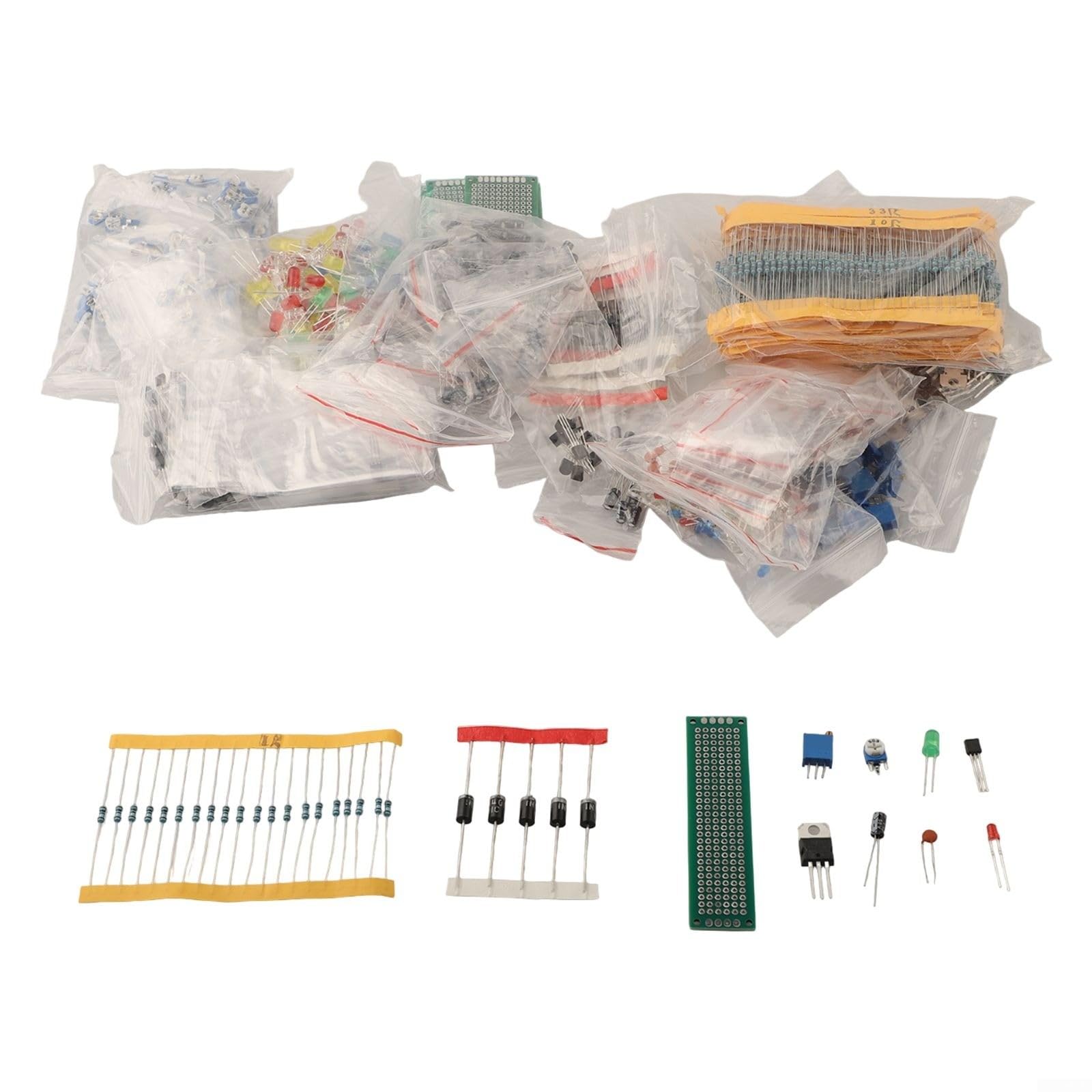 1818 pezzi Kit di componenti elettronici con condensatori monolitici, resistori, diodi LED e PCB per appassionati di fai da te e hobbisti, potenziometro transistor 11 serie A-220/A-92