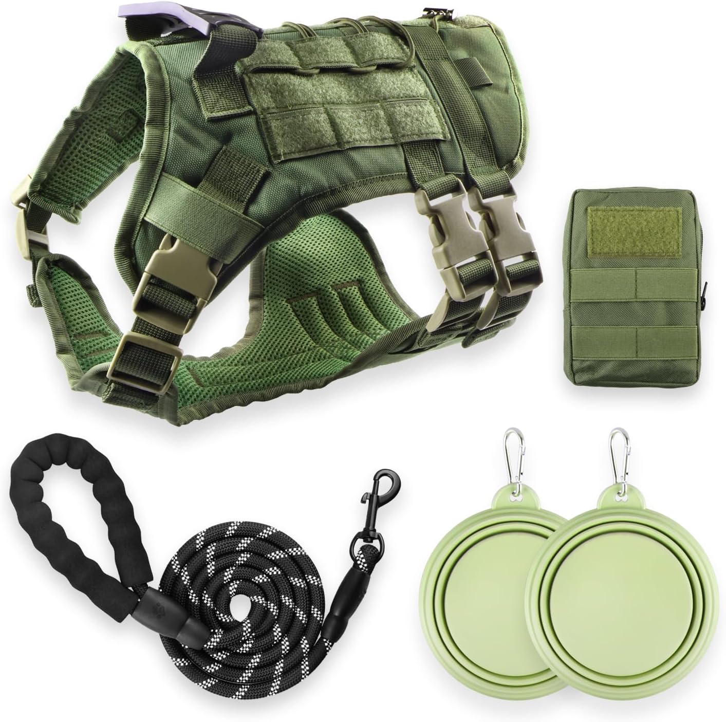 Adjustable Tactical Dog Harness with MOLLE System & Accessories – Green, Medium