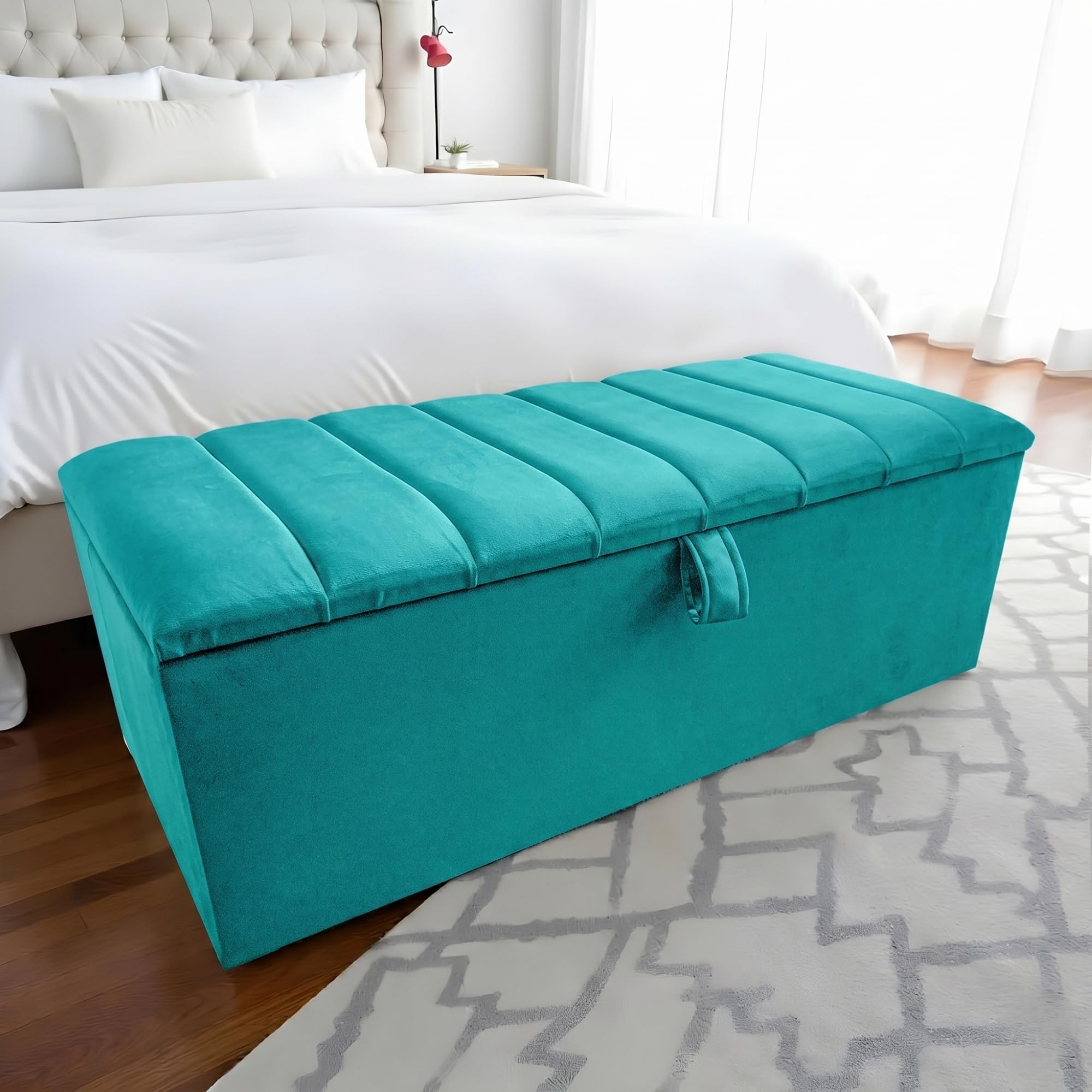 Harveys Living 102cm Panel Velvet Storage Ottoman, Teal, Floor Standing