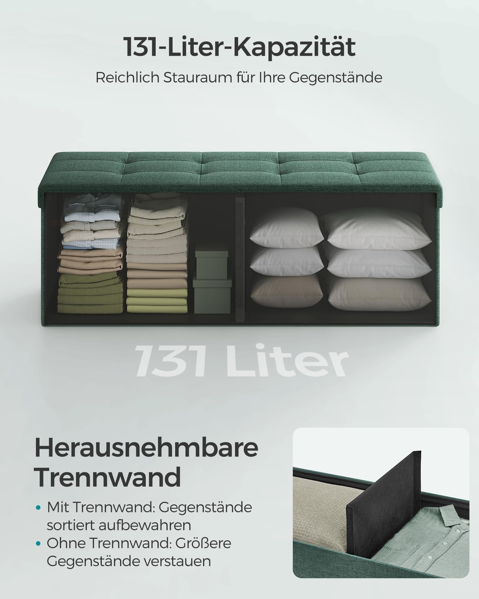 SONGMICS Sitzhocker mit Stauraum, klappbare Sitzbank, 38 x 110 x 38 cm Fußbank, Aufbewahrungsbox, bis 300 kg belastbar, für Wohnzimmer Schlafzimmer Flur, vintagegrün LSF077C01