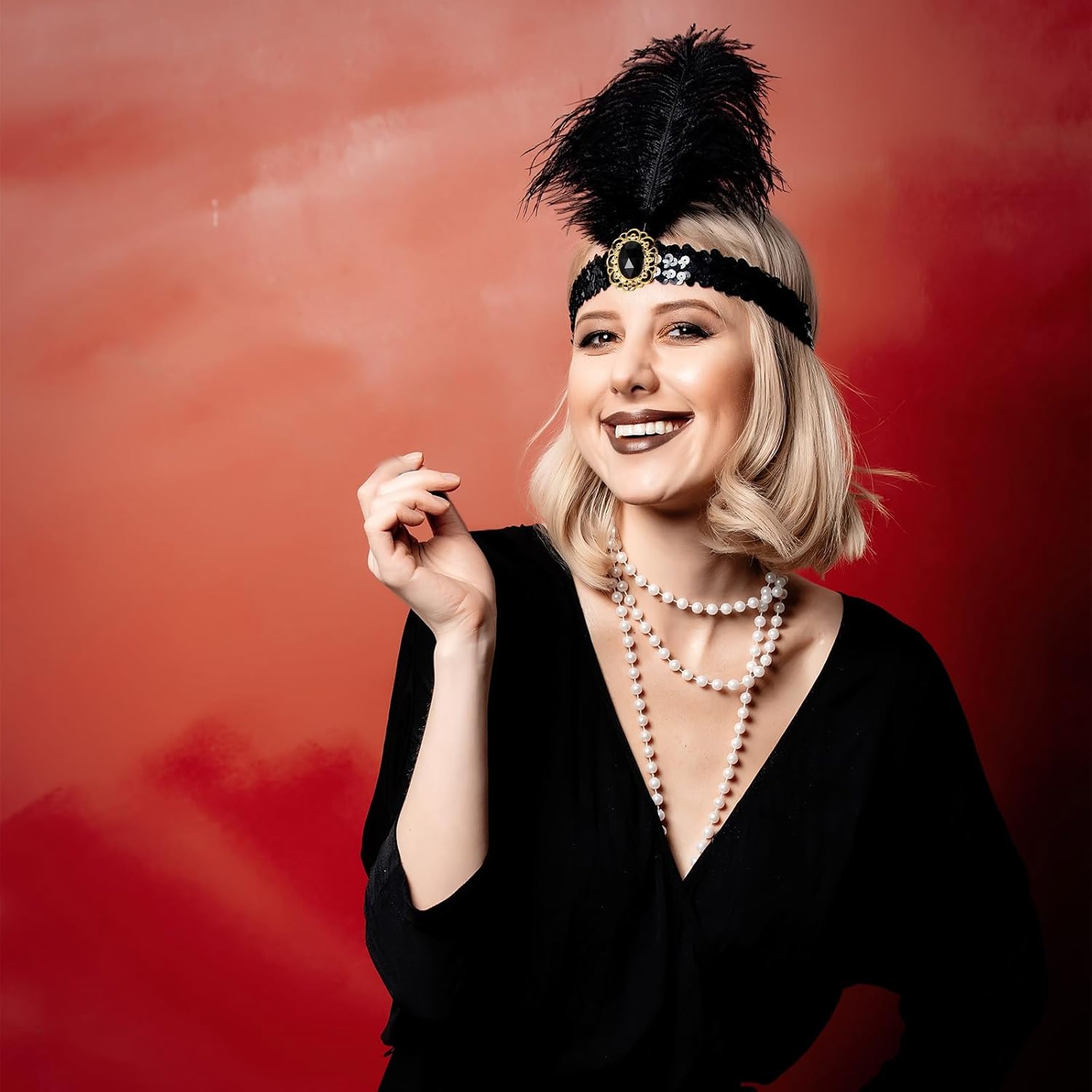 Seematn 18 Pcs Flapper Accessories Flapper Headband Feather Headpiece for Women, Pearl Bead Necklaces - Image 4