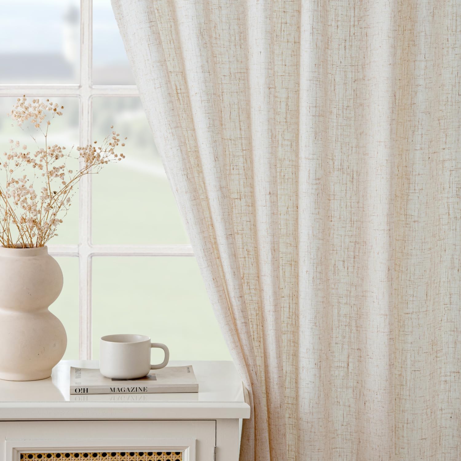 VISIONTEX Natural Pinch Pleated Linen Curtains 84 Inches Long for Living Room Bedroom Light Filtering Boho Semi Sheer Neutral Back Tab Pinch Pleat Hooks Rings Window Drapes Curtain 84 inch 2 Panels