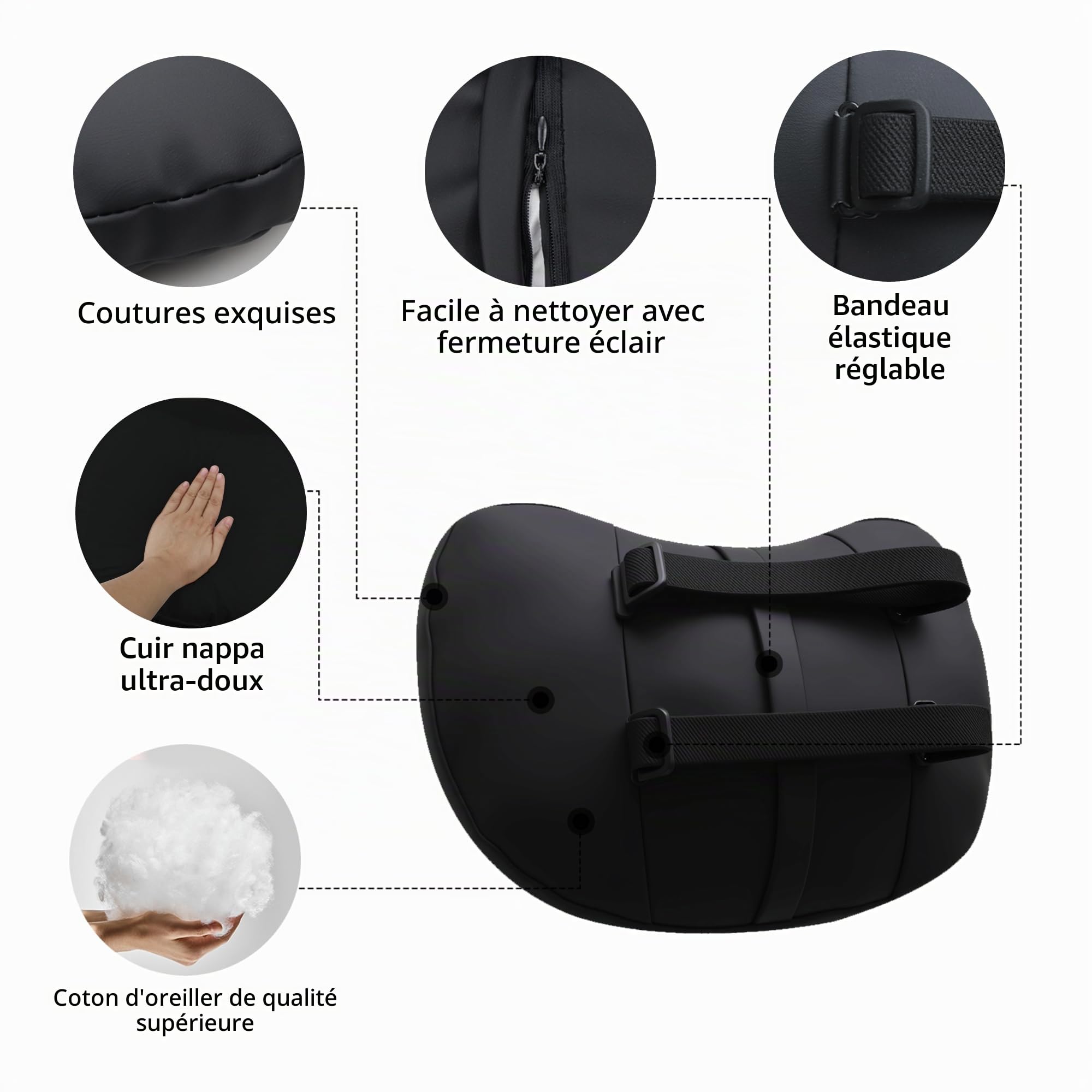 TOPABYTE Oreiller Appuie-tête de Voiture en Cuir Nappa Véritable Coussin de Soutien du Cou pour Accessoires de Siège Coussin Appuie-Tête pour la Conduite et Les Voyages, 2 PC, Noir