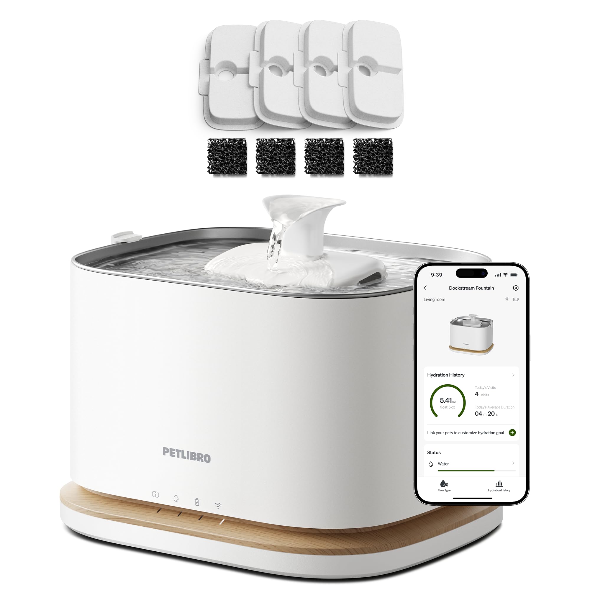 Bundle of PETLIBRO Upgrade Cat Water Fountain with 4 Packs Replacement Filters, App Monitoring 3L/101oz Dockstream 2 Pet Water Fountain with Stainless Steel Tray, 5GHz WiFi Dog Water Bowl Dispenser