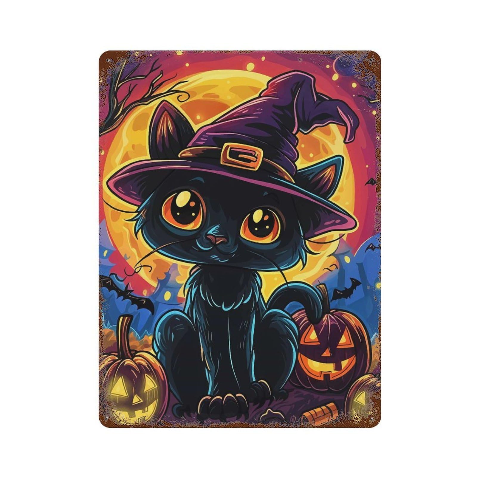 Halloween Witch Cat Rusty Metal Tin Sign 15.7"x11.8", Ideal for Pub, Kitchen And Man Cave Decor