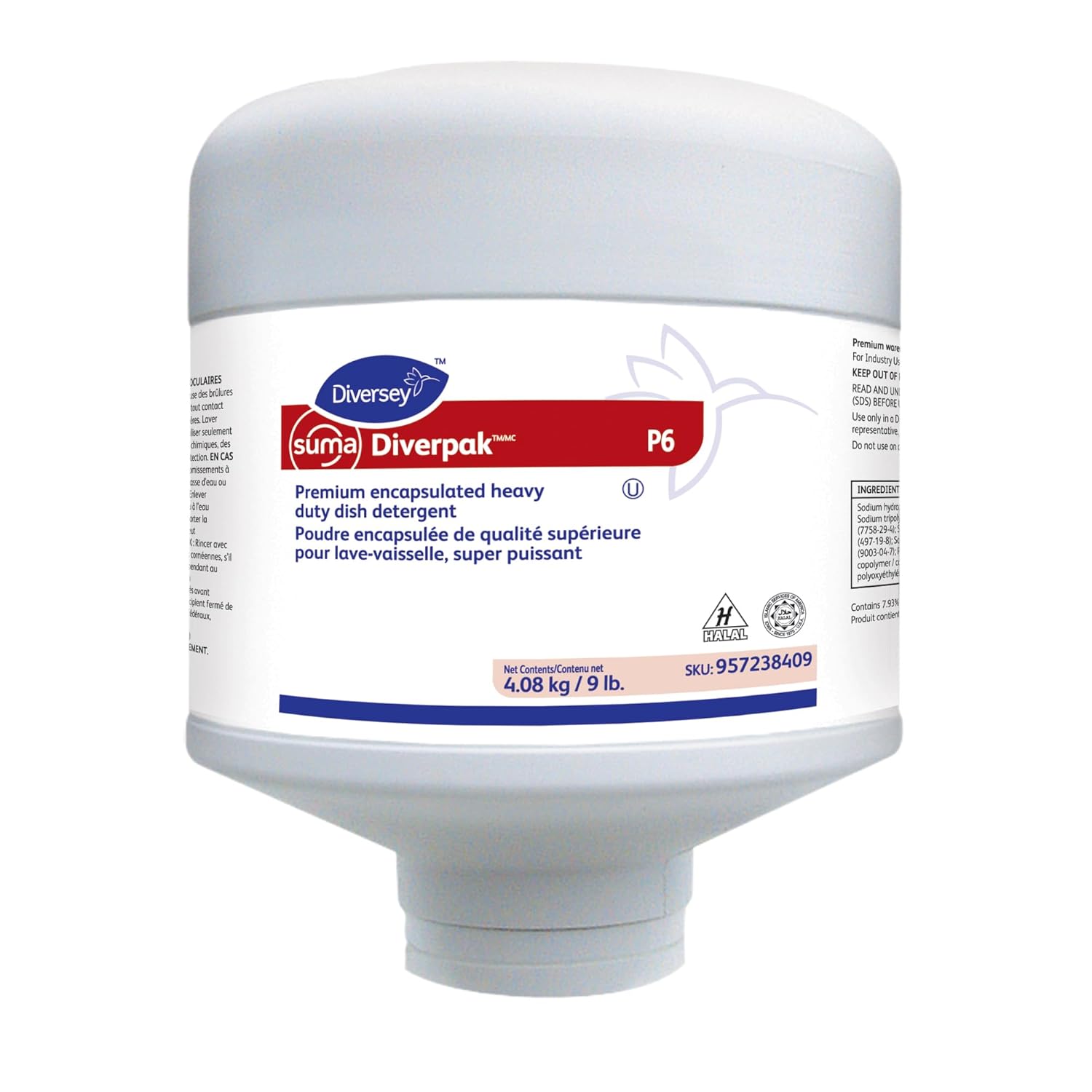 Diversey 957238409 SUMA DiverPak P6 Premium Encapsulated Heavy Duty Dish Detergent, Unscented White Powder, Capsules, 9-Pounds