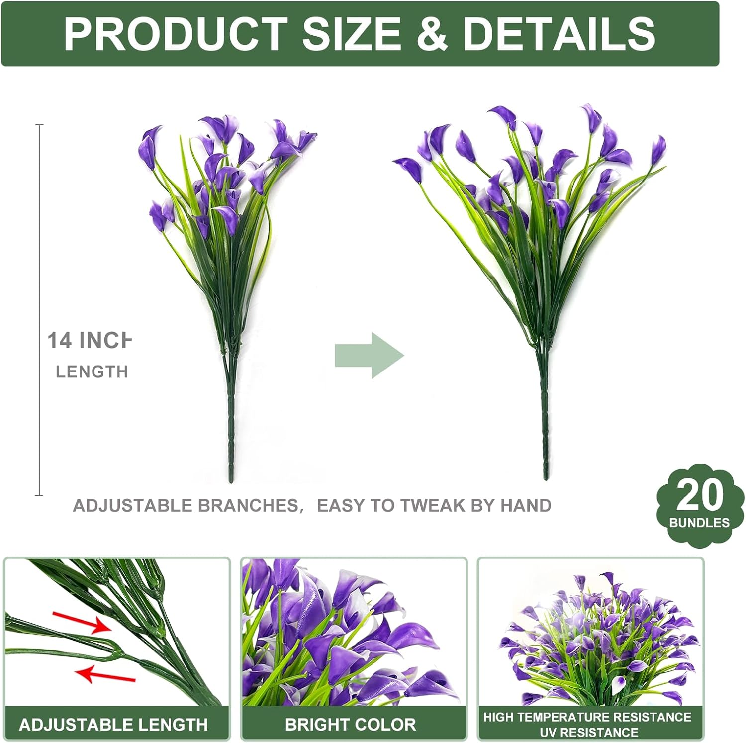 TURNMEON 20 Bundles Calla Lily (400 Heads) Artificial Flowers for Outdoors, Fake Plants UV Resistant Faux Plastic Fake Flowers for Indoor Planter Home Porch Yard Spring Summer Cemetery Decor(Purple) - Image 2