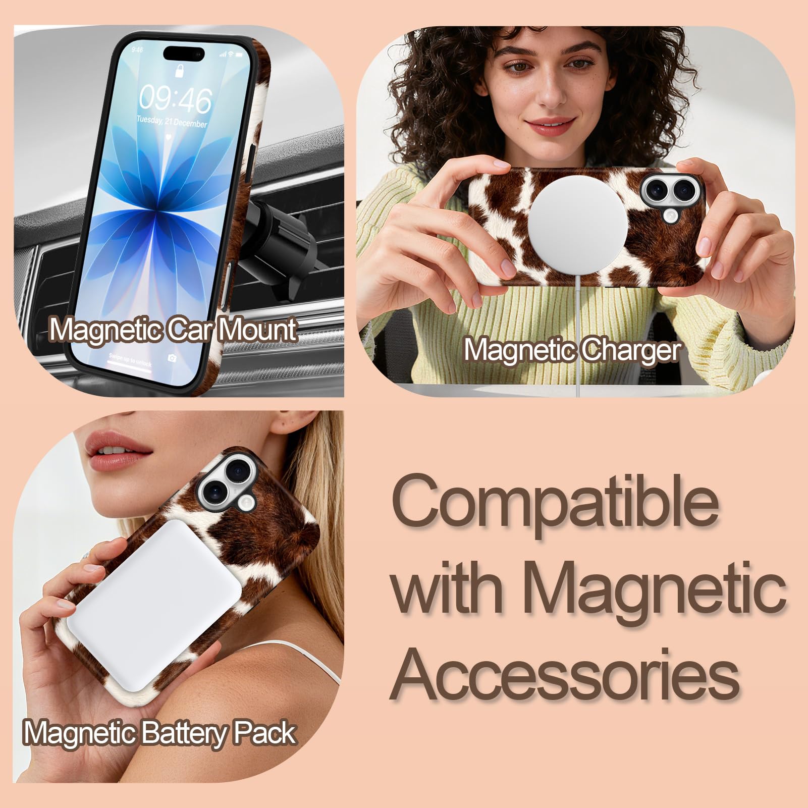 SOKAD Custodia magnetica per iPhone 17, motivo mucca alla moda con stampa animale, compatibile con Magsafe opaca, antiurto, custodia protettiva per ragazze e donne