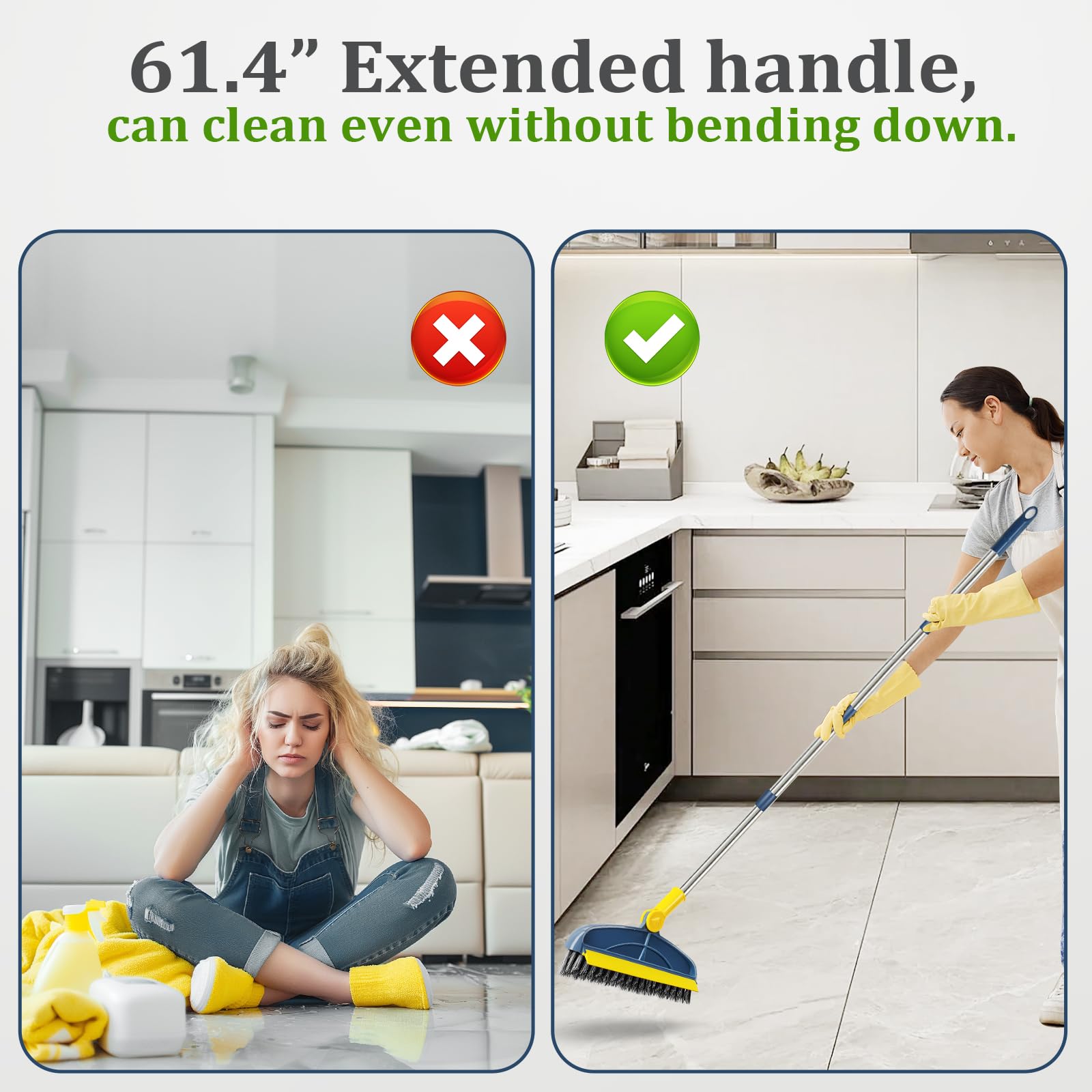 Cepillo de lechada con mango largo ajustable de 61.4 pulgadas, cepillo de línea de lechada en forma de V, cepillo de suelo 2 en 1 con raspador, cepillo giratorio con cerdas rígidas para ducha, cocina,