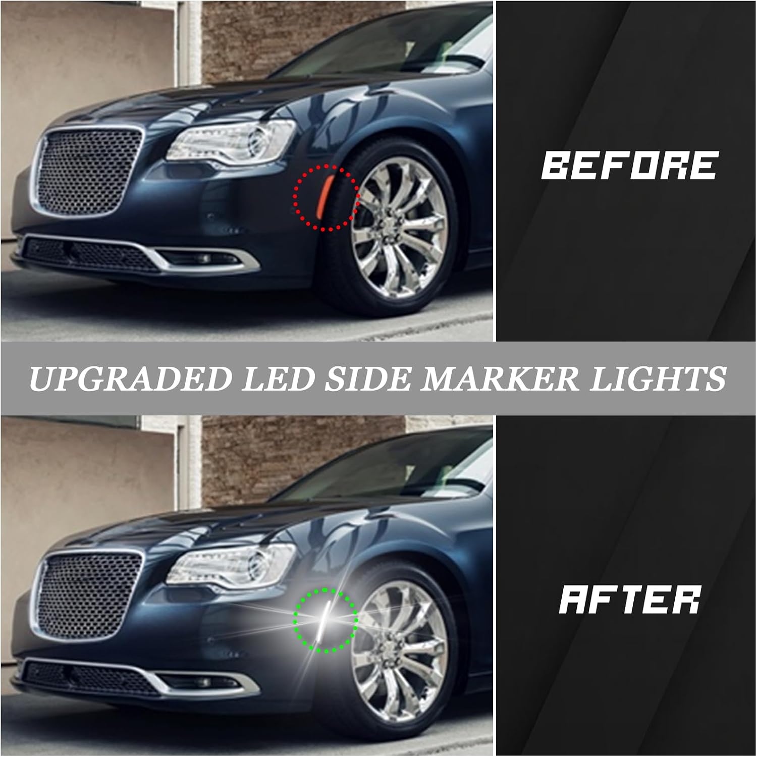 Smoked LED Side Marker Lights for Chrysler 300 2015-2024 | Sequential dynamics White LED Turn Signals | 4-Piece Kit | Plug & Play Direct Replacement (Dynamic White)