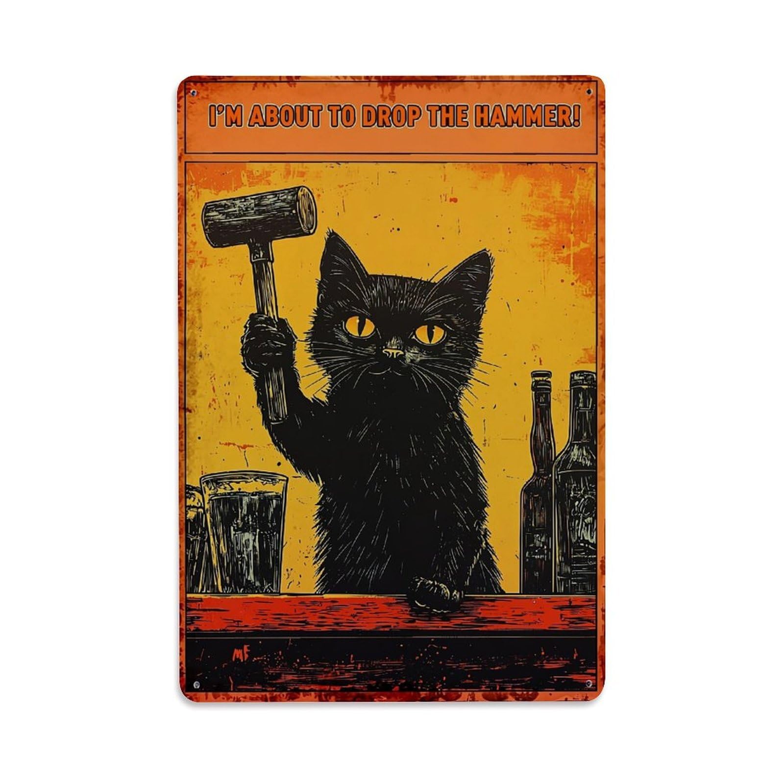 Bliveurn Vintage Black Cat Holding Hammer Retro Metal Tin Sign, Metal Poster For Home, Gaming Room, Studio Workshop,Bar,Garage Wall Art Decor 8X12 Inch