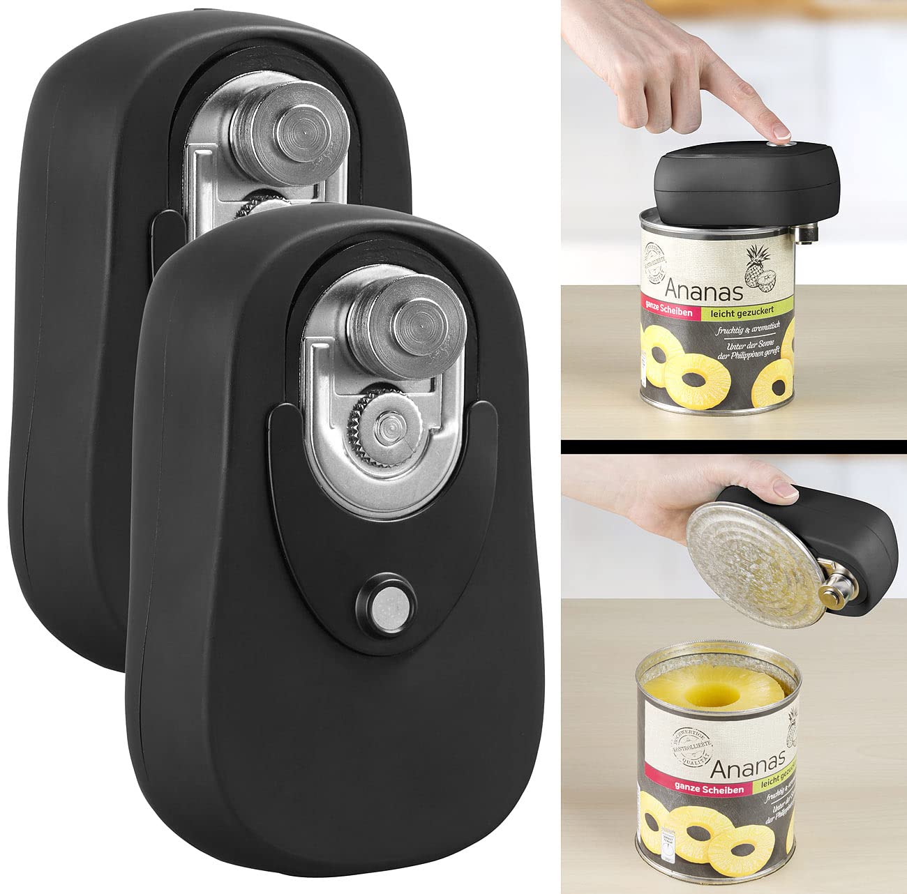 Rosenstein & Söhne Dosenöffner elektrisch: 2er-Set Sicherheits-Dosenöffner mit Akku, wiederverschließbares Öffnen (Dosenoeffner, Elektrische Sicherheitsdosenöffner, Kinder)