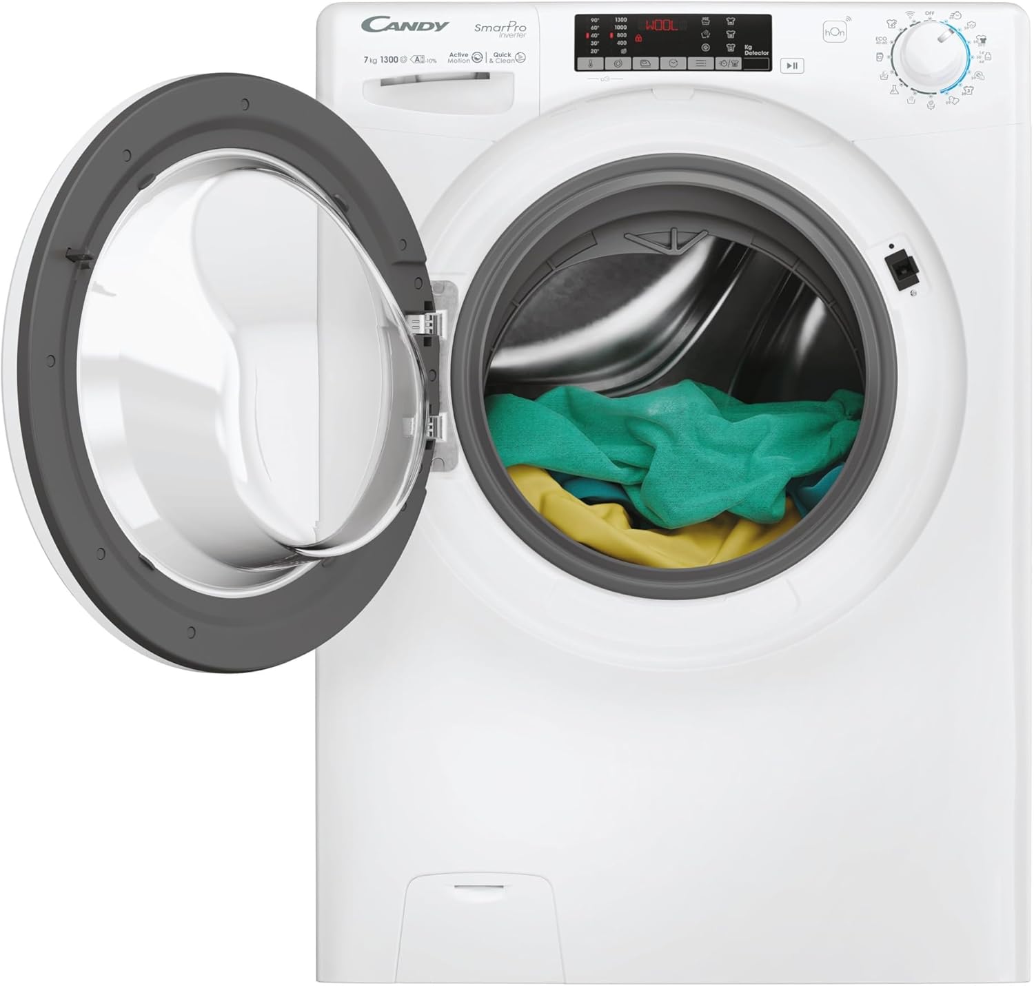 Front-loading washing machine with the door open, showing the drum filled with laundry.