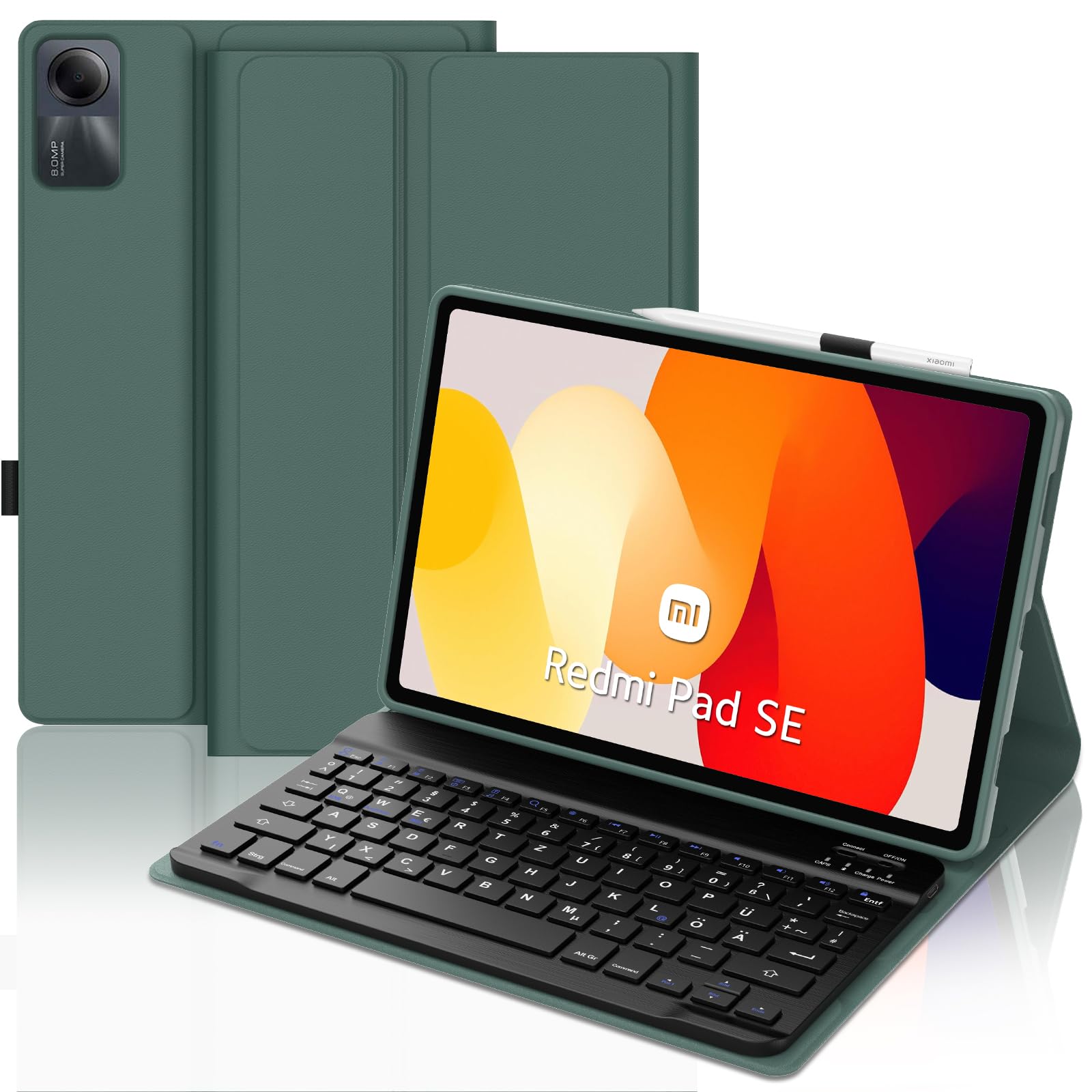 IVEOPPE Tastatur Hülle für Xiaomi Redmi Pad SE 11'', Deutsches QWERTZ-Layout, Bluetooth Abnehmbare Tastatur für Redmi Pad SE 11 Zoll 2023, Soft Rückseite Gehäuse, Dunkelgrün