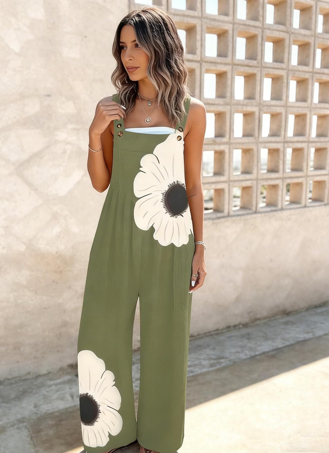 Women's Jumpsuits 2026 Summer Floral Overalls One Piece Outfits Sleeveless Wide Leg Pants Rompers with Pockets - Image 3