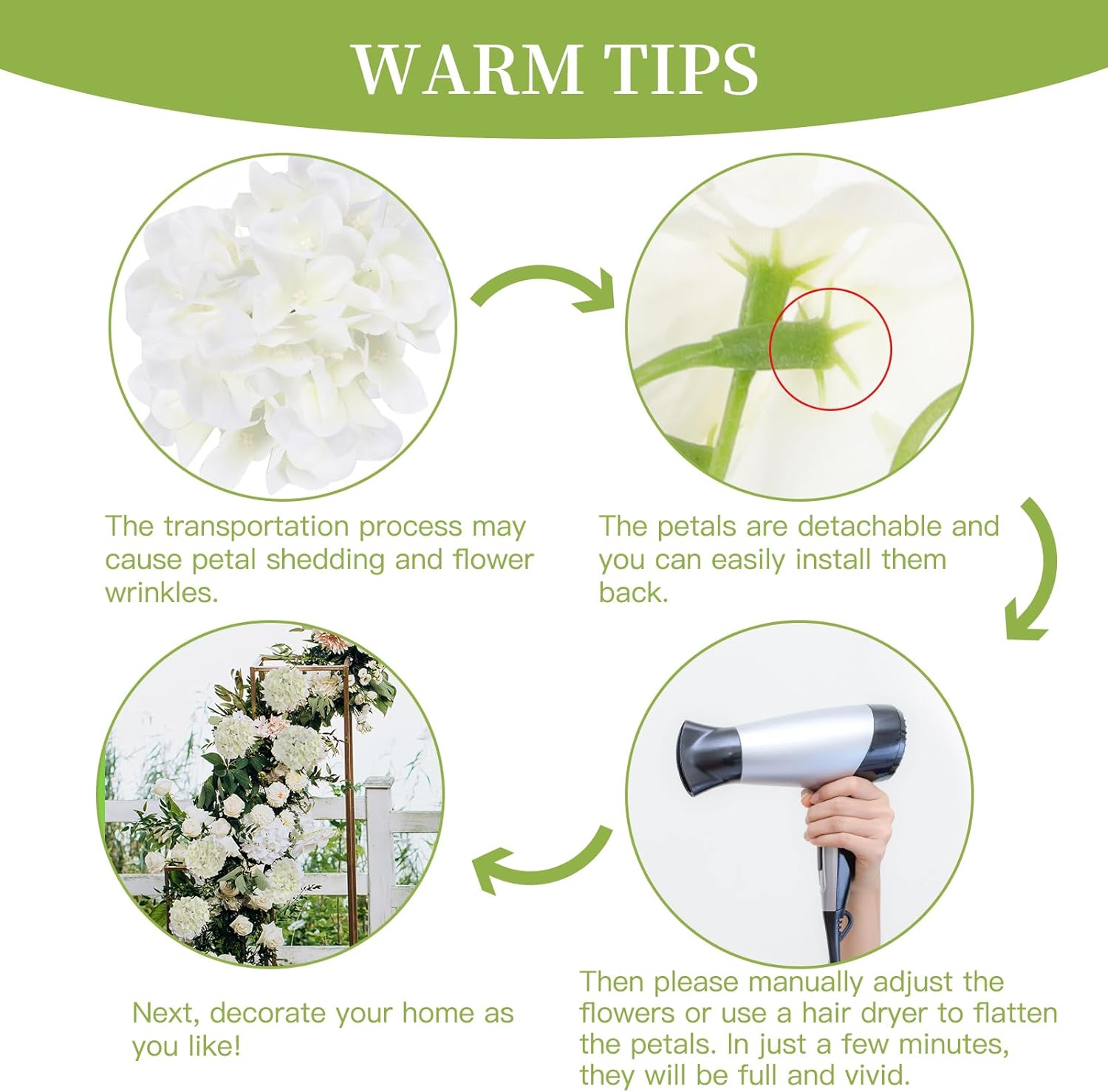 JPSOR 40pcs Artificial Hydrangea Silk Flower Heads with Stems, Fake Flowers for Mothers Day Wedding Centerpiece Home Garden Party Decoration (White) - Image 4