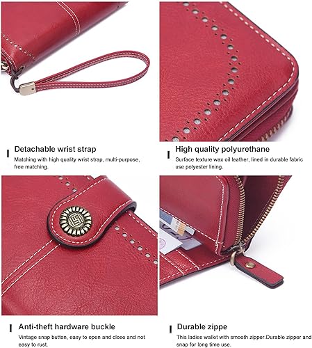 Miniatura 4 de Mokoze Cartera roja para mujer, de piel sintética, de gran capacidad, con correa para la muñeca y cremallera para guardar tarjetas de crédito,