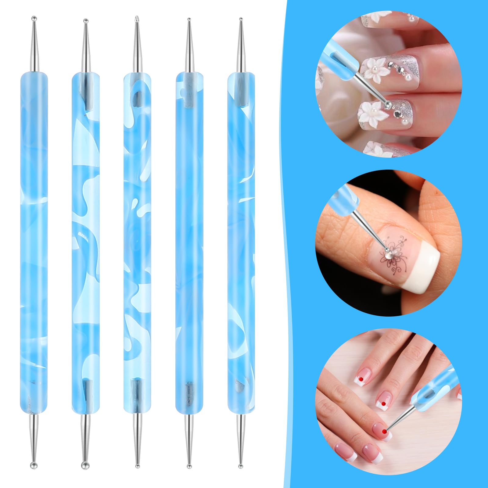 Zestaw 5 dwustronnych narzędzi do zdobienia paznokci, zestaw dwustronnych narzędzi do zdobienia paznokci, do manicure, kropki, do malowania żelowego lakieru, niebieski