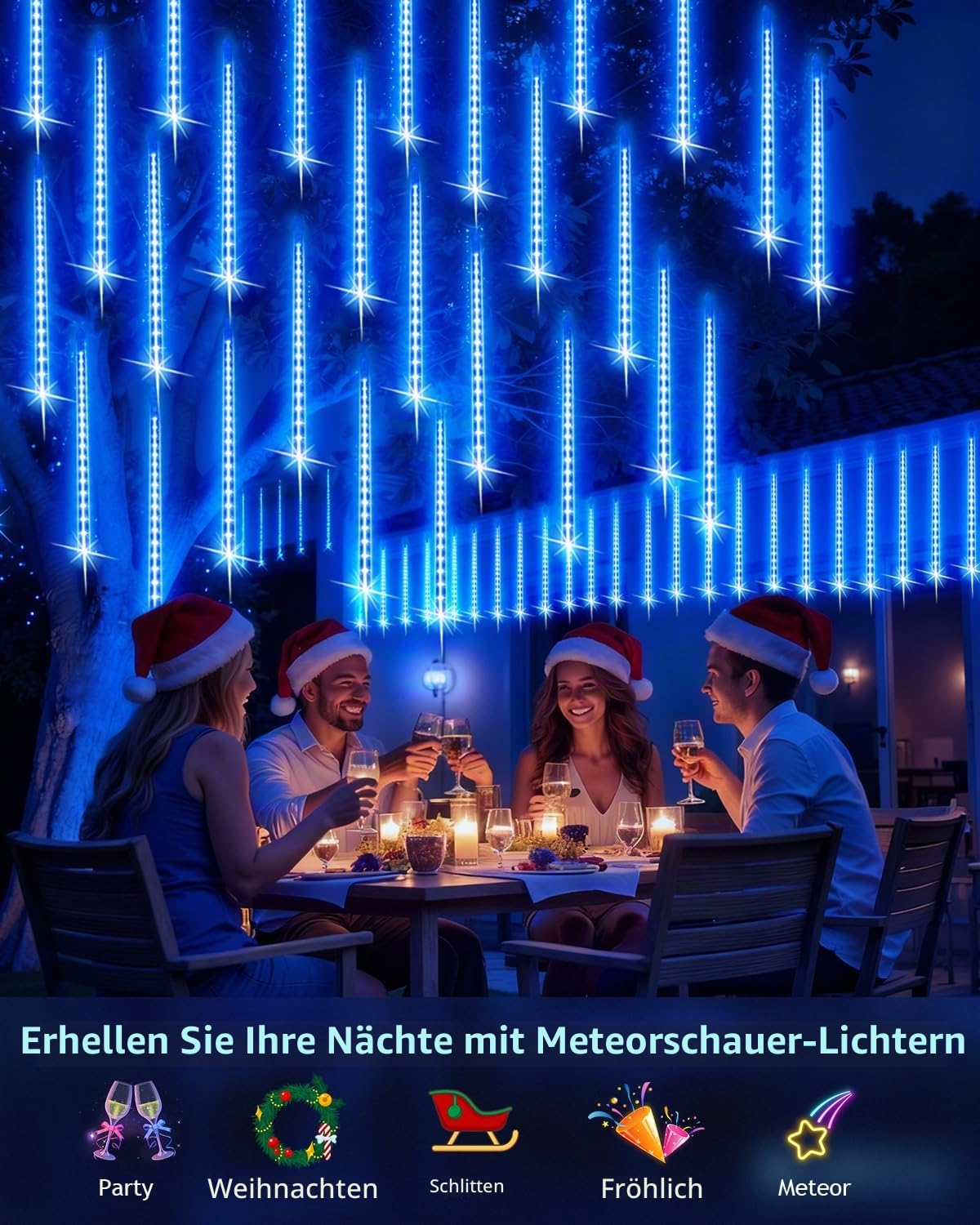 PEMOTech Weihnachtsbeleuchtung Außen,24 Röhren 30 CM 576 LEDs eiszapfen lichterkette außen，Wasserdichte Fallende Regen Lichter für Weihnachten Halloween Weihnachtsbaum, Weihnachtsdeko Aussen, Blau