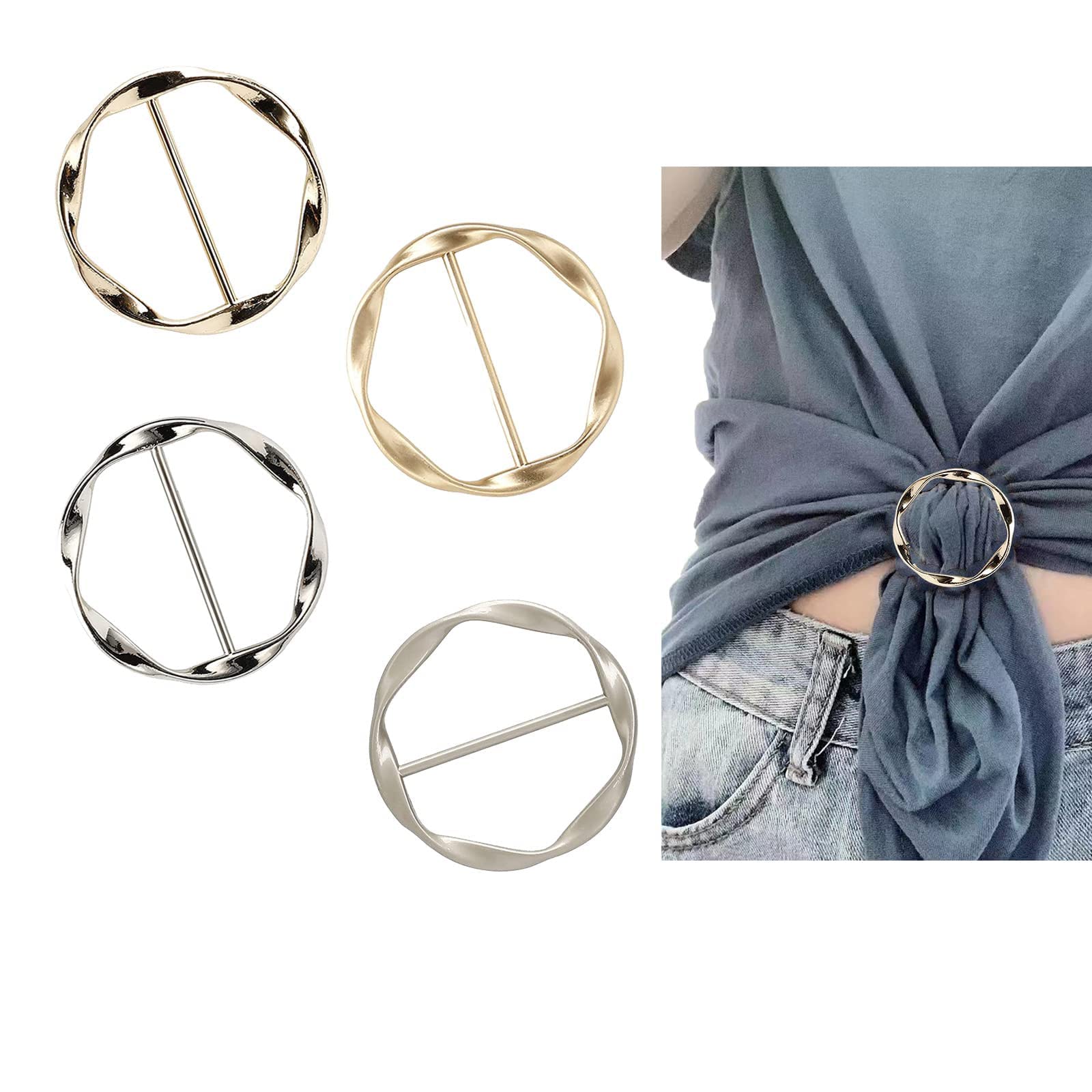 nobrand COLORFULBLING 4PCS Silk Scarf Ring Clip Shirt Ties Clips for Women Scarves Clasp Waist Buckle Fashion Metal Clothing Ring for T-Shirts Gold & Silver Zinc Alloy