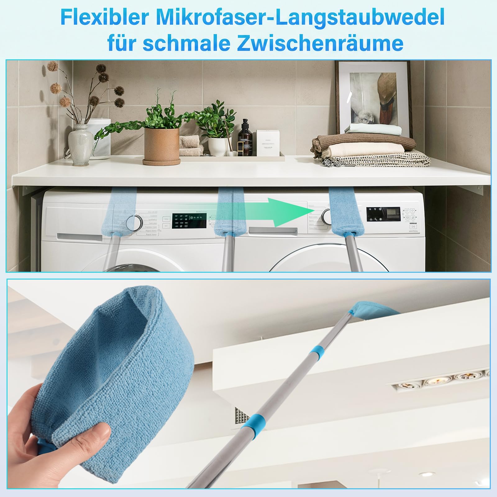 marysgift Staubwedel Teleskop,Staubwedel Lang Ausziehbar Waschbar Mikrofaser Duster Lang Ausziehbar Bis 310cm,Verbiegbare Staubfänger für hohe Decken Deckenventilator Unter Sofa Fenster Blau