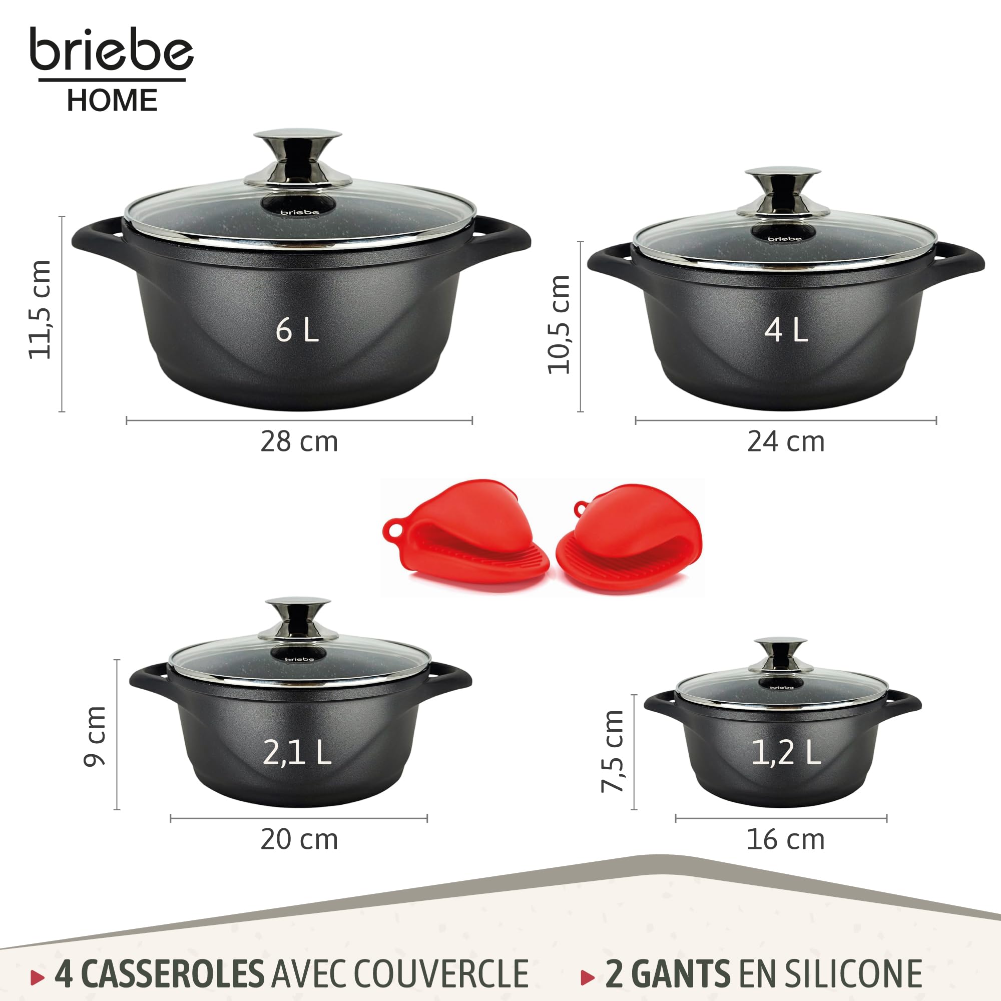 briebe Batterie de Cuisine Induction 8 Pièces, Ensemble de 4 Casseroles en Fonte d'Aluminium, Antiadhésive ILAG GRANITEC sans PFOA, Couvercles en Verre, Gants en Silicone, Tout Feux et Four, MGK-12