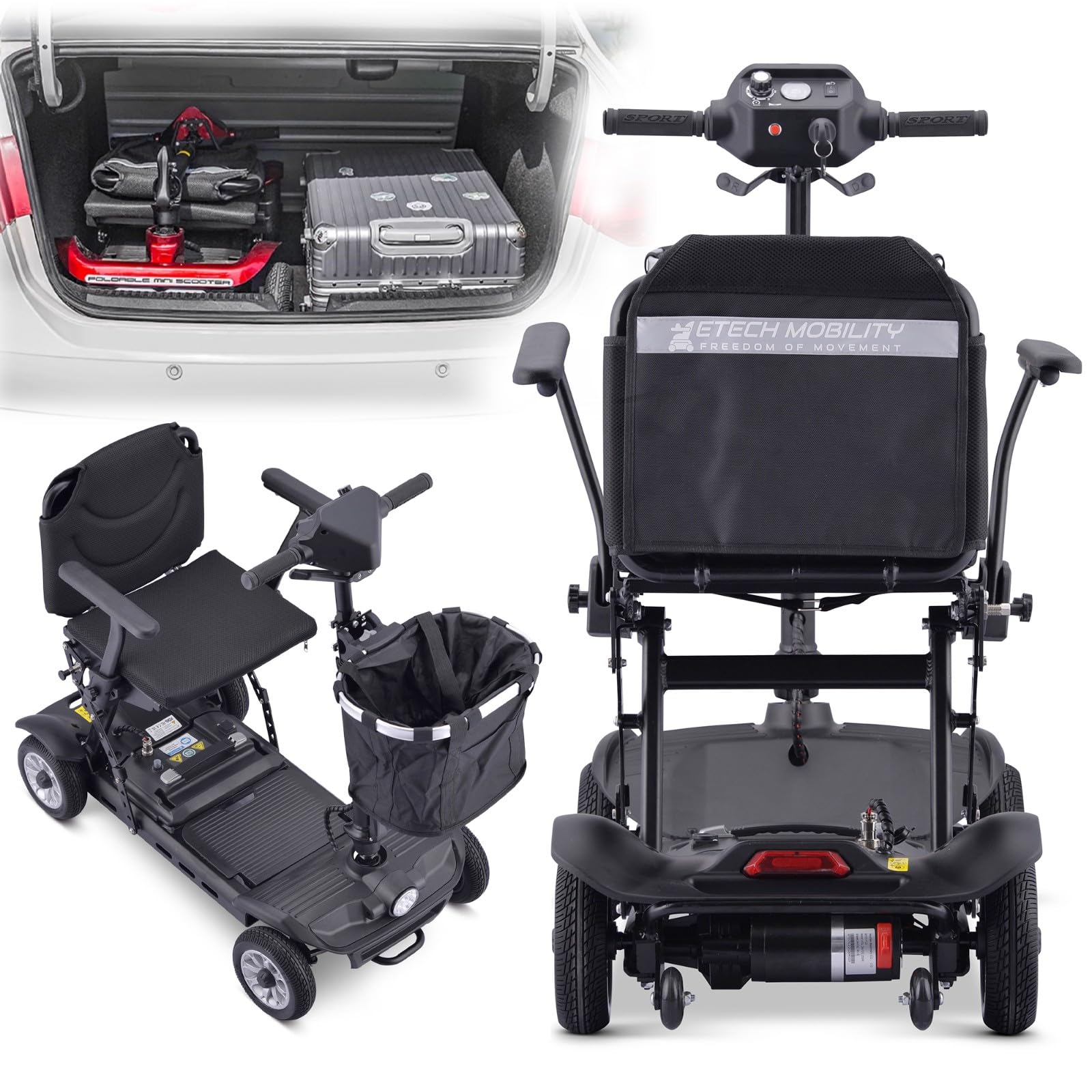 HZWJD Folding 4 Wheel Mobility Scooter,Mobility Scooters,Powered Mobility Scooter Seniors,Electric Wheelchairs,4 Wheel Mobility Chair,for Seniors Adult Black~10ah