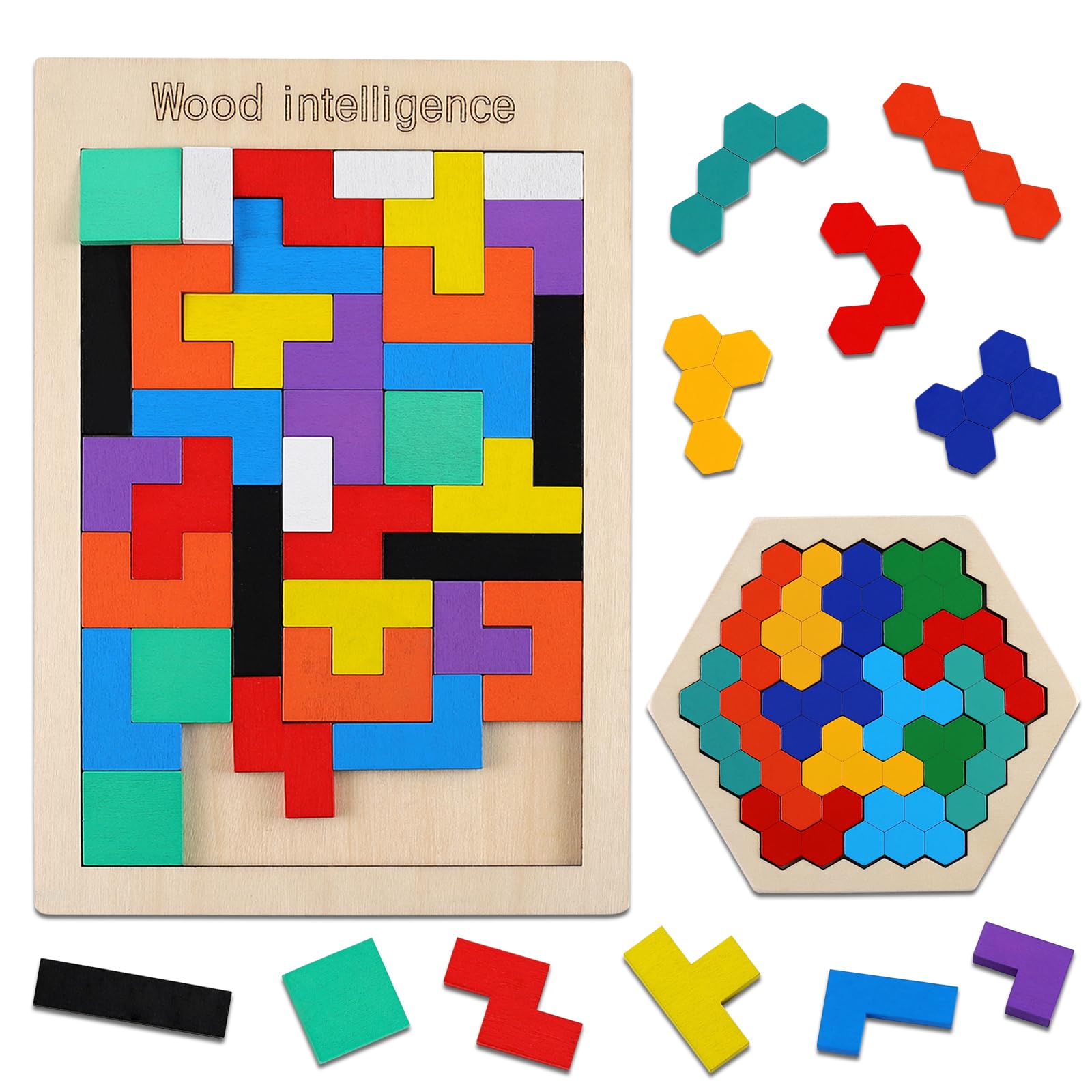 LOOIKOOS 2 Pack Wooden Brain Teasers Toy Blocks Puzzle Games for Kids & Adults Tangram Jigsaw Intelligence Russian Blocks Game Hexagon Puzzles STEM Montessori Toys Educational Toy Gift for Kids