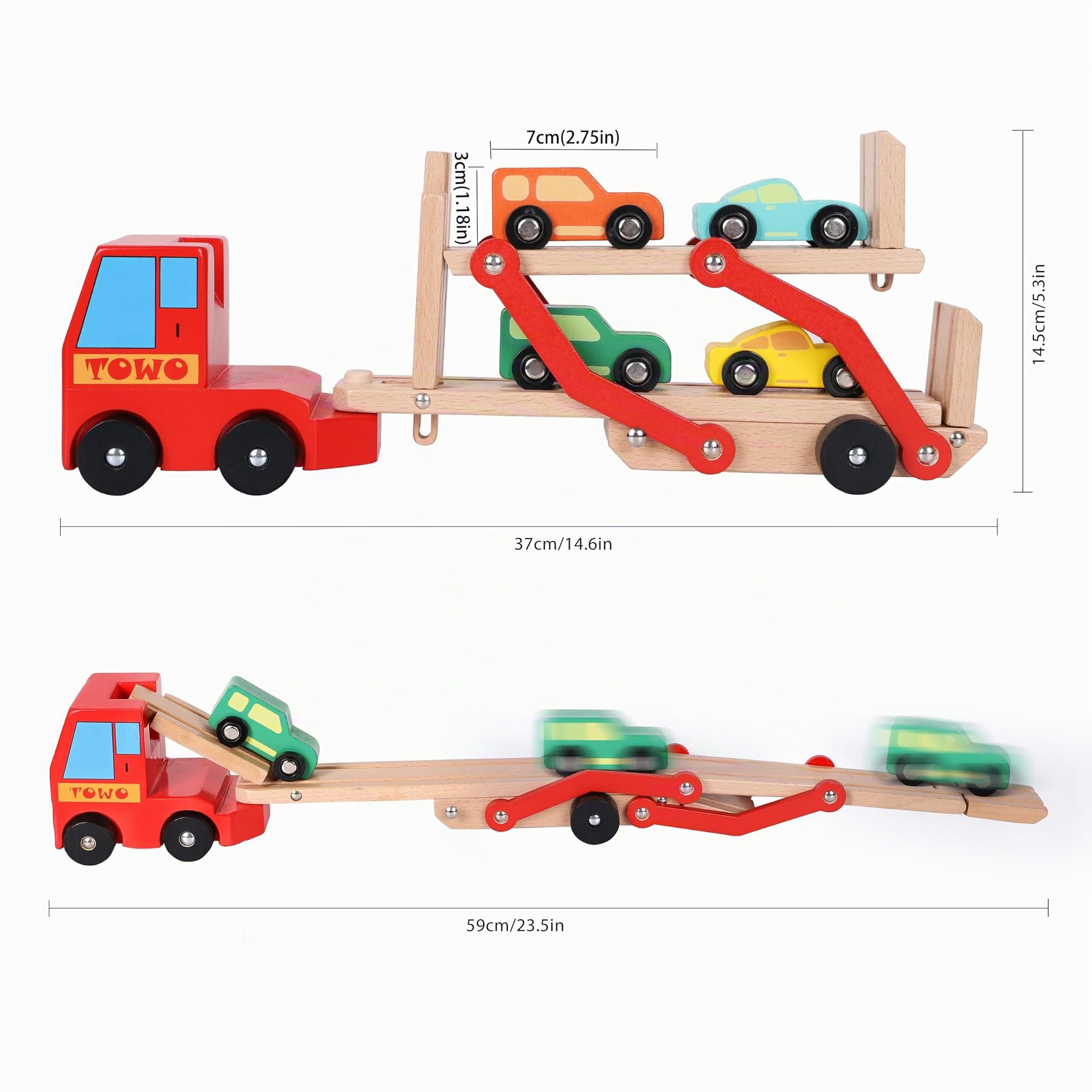 Toys of Wood Oxford TOWO Camión Transportador de Coches de Madera - Camión Portacoches de Dos Niveles con Remolque y 4 Coches - Juguete Educativo de Madera para Niños