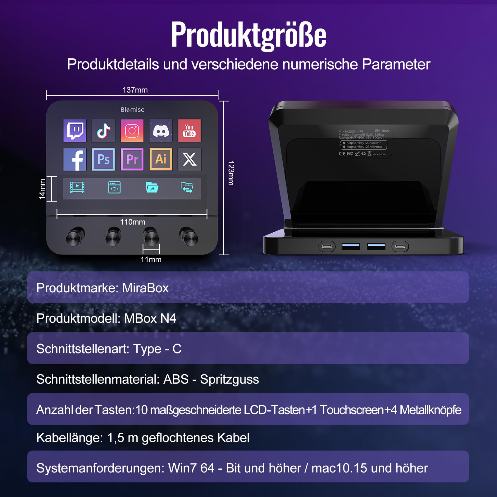 Stream Control Deck, Studio Controller, 10 anpassbaren LCD-Makrotasten, 4 Drehreglern Knöpfe, Mit Touchscreen und USB-Erweiterung, kompatibel mit Mac und PC