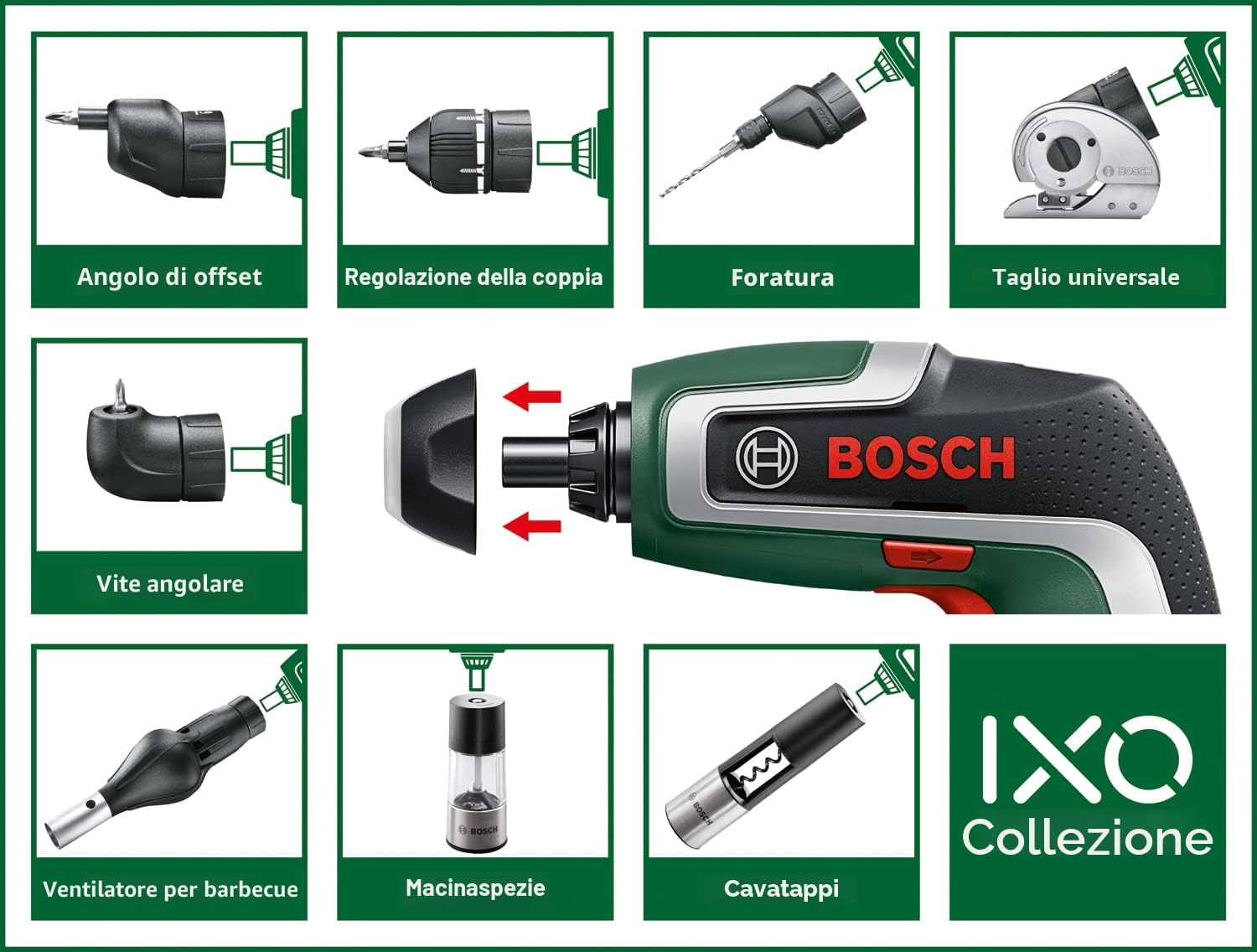 Bosch Cacciavite a batteria compatto IXO set 7a generazione 3,6 V 2.0 Ah 5,5 Nm con attacco testa ad angolo