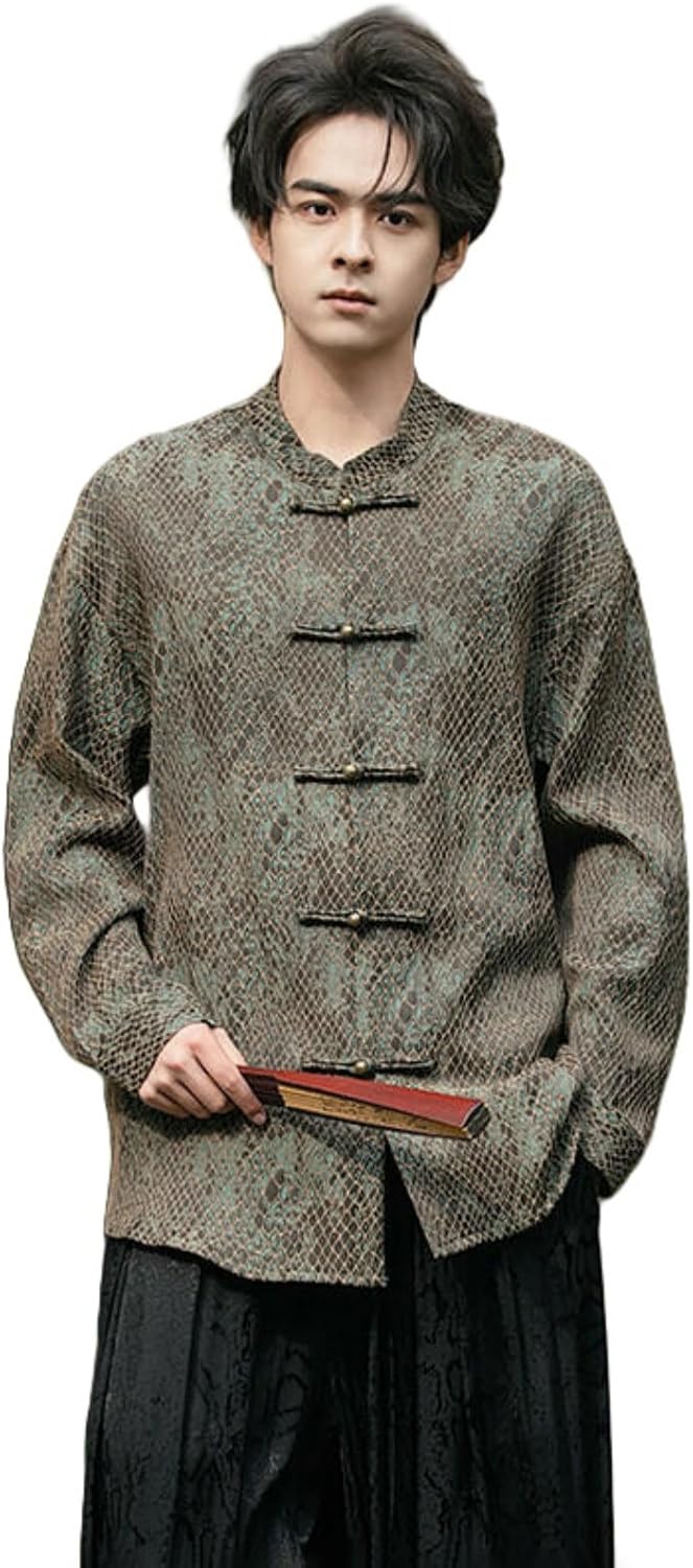 Men's Jacquard Long Sleeve Color Block Mandarin Collar Tang Shirt Chinese Style Casual Wear