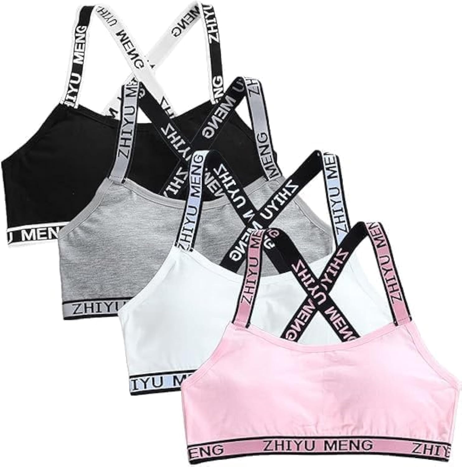 – Young Girls' Cotton Training Bras 4 Pack Removable Pads X-Back Crop Tops Sports Bra for Ages 7-12 Comfortable & Supportive Underwear Set, One Size