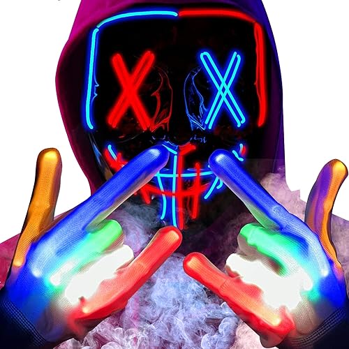 Halloween Mask and Sound Activated Gloves Set, LED Light Up Scary Mask Glowing Skeleton Gloves for Halloween Costumes