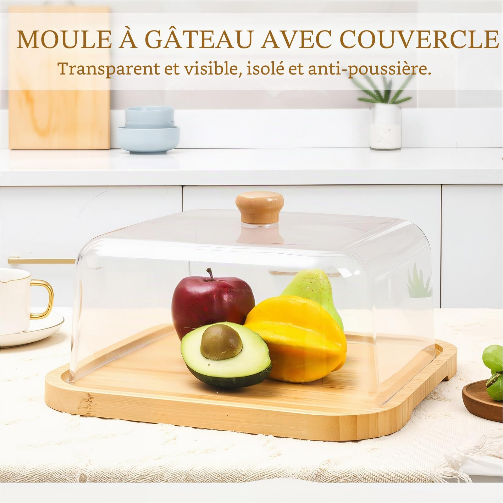 Présentoir à Gâteau, 28x28x16cm (L x l x H) Cloche Gateau avec Acrylique et Poignée en Bambou, Incassable Cloche a Gâteau pour Gâteaux, Desserts